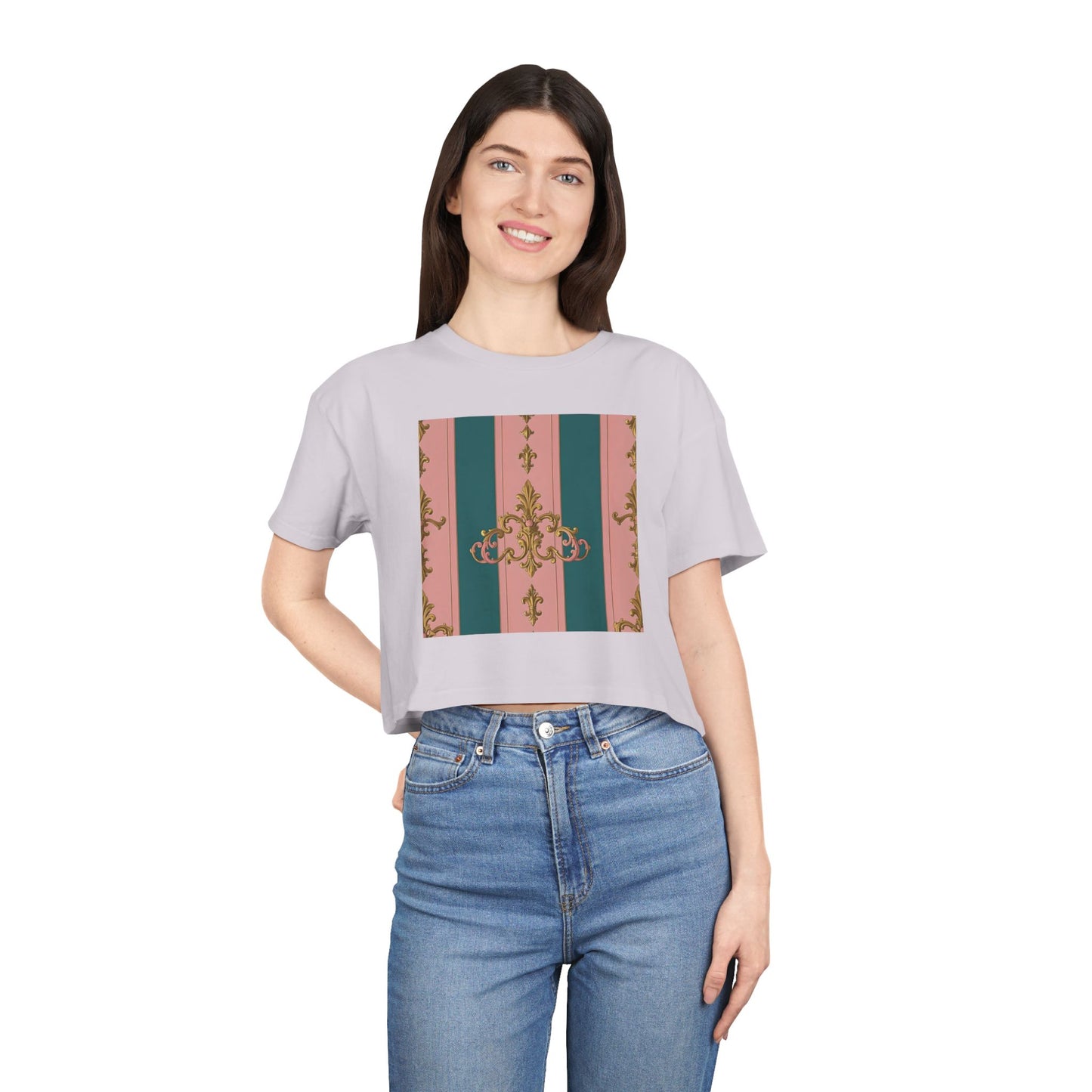 Baroque Vintage Women's Crop Tee, Casual Top, Summer Fashion, Trendy Shirt, Graphic T-Shirt, Gift for Her - Pink & Teal Striped Gold Baroque