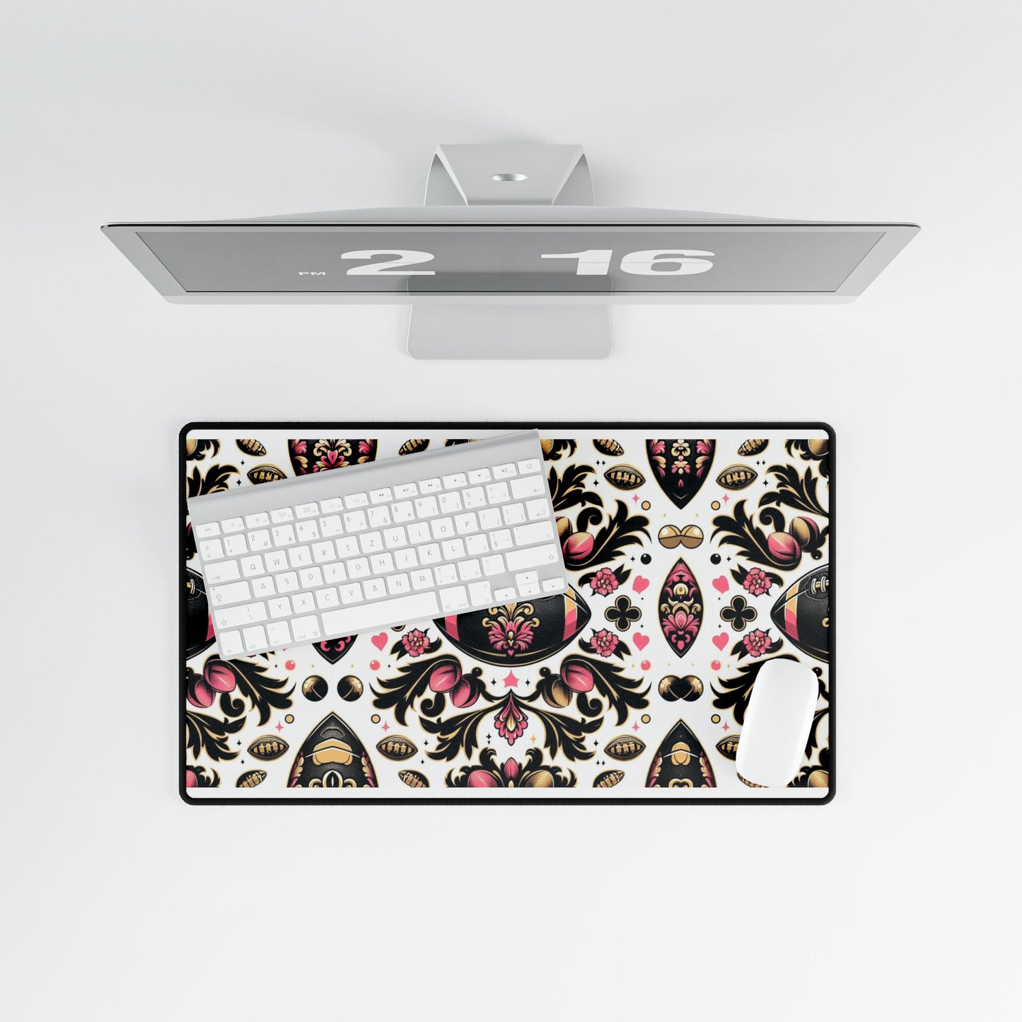 Desk Mat - Elegant Floral Motif for Home Office Decor - Pink, White, Gold & Black Damask Footballs