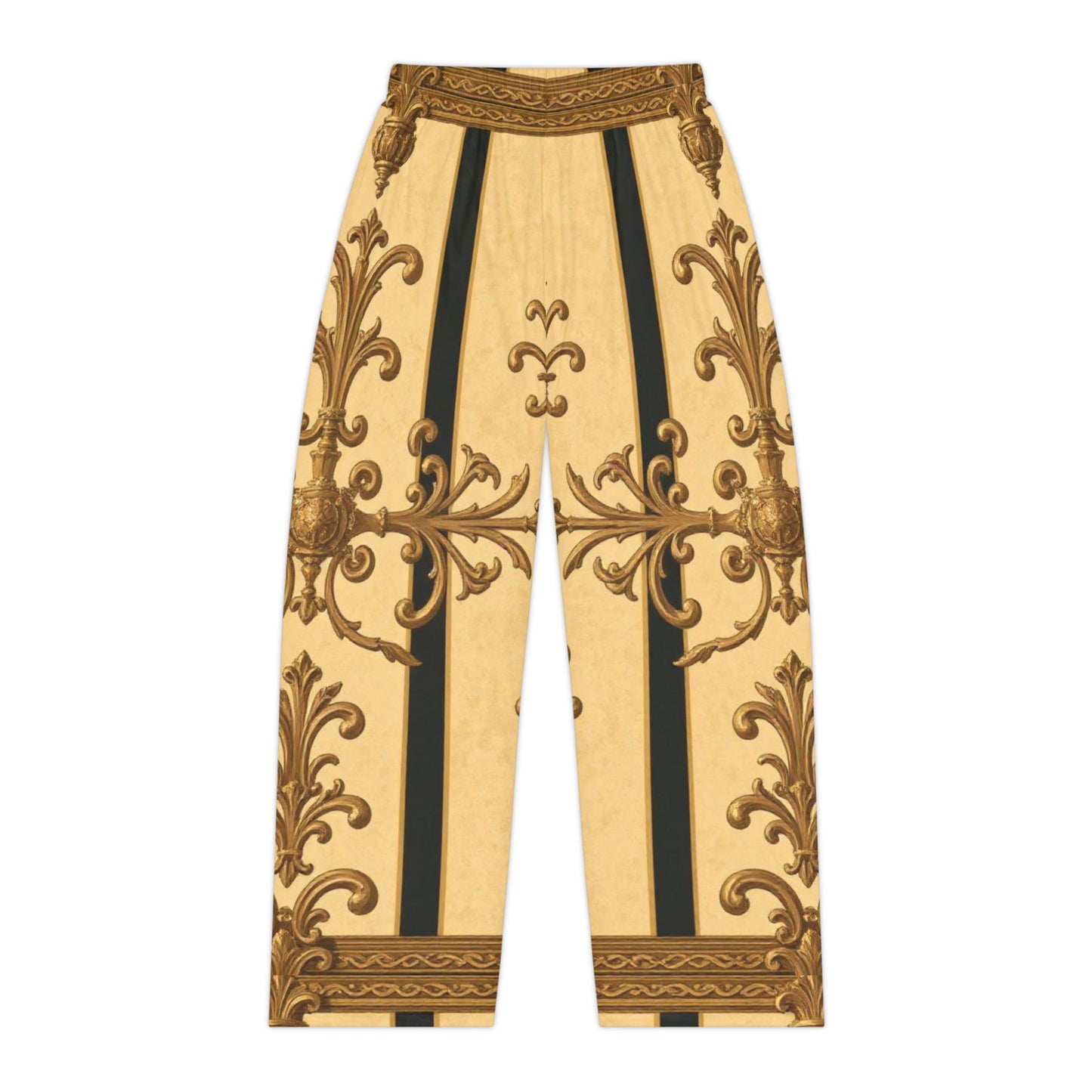 Elegant Women's Pajama Pants with Ornate Design, Soft Lounge Wear, Cozy Nightwear, Gift for Her - Matte Yellow Striped Antique Rococo