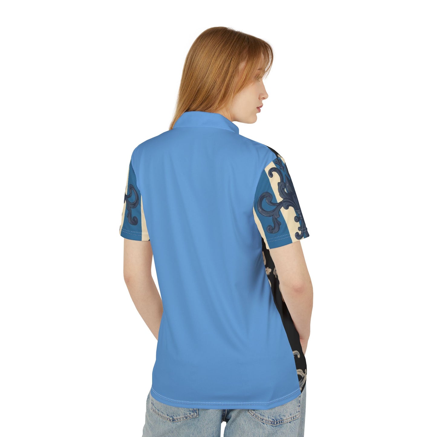 Chic Blue & Alabaster Striped Baroque Unisex Polo Shirt - Bold Design, Casual Wear, Perfect for Summer, Unique Gift for Him or Her
