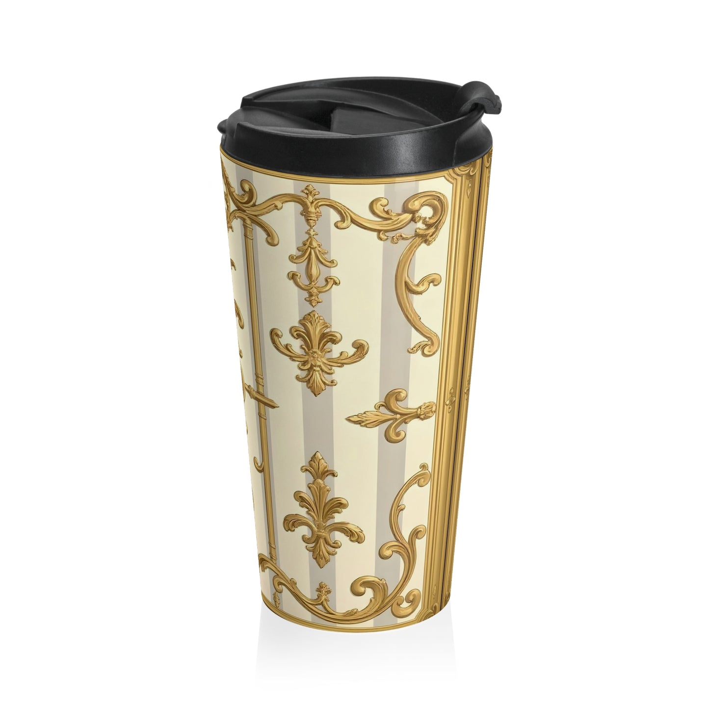 Elegant Ornate Stainless Steel Travel Mug, Stylish Coffee Mug, Travel Cup Gift, Vintage Inspired Drinkware - Matte Gray & Cream Striped Gold Baroque