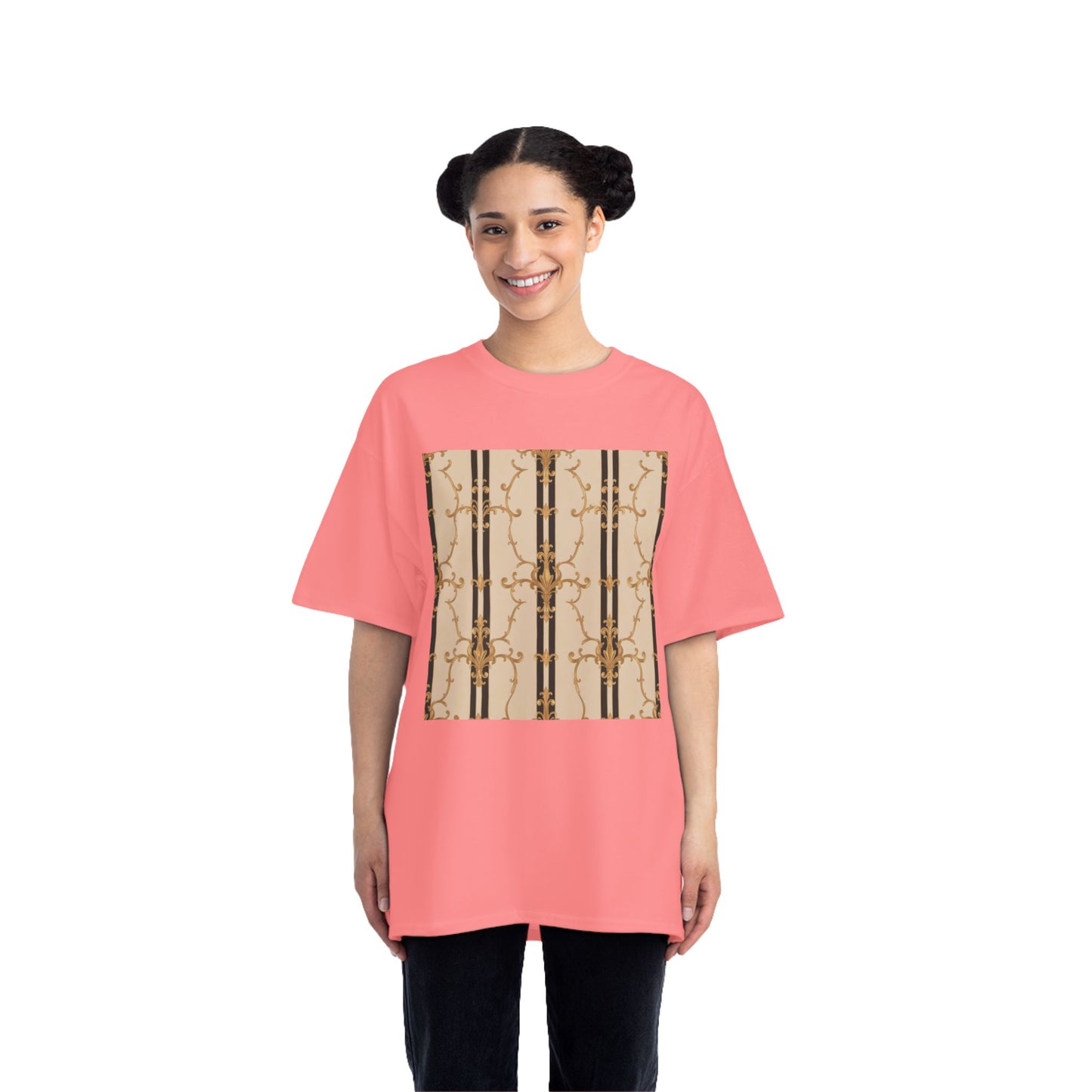Stylish Graphic Tee for Casual Wear, Fashionable Short-Sleeve Shirt, Unique Summer Top - Black & Beige Striped Damask
