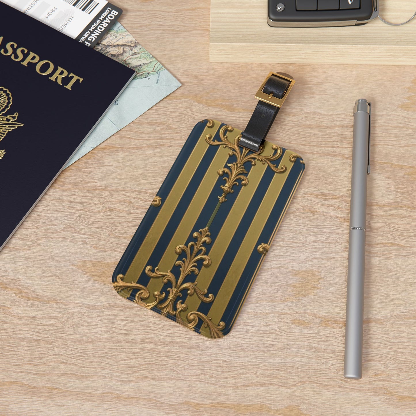 Midnight Blue & Olive Striped Gold Baroque Vintage-Inspired Luggage Tag, Travel Accessory, Suitcase Identifier, Gift for Travelers, Stylish Travel Tag