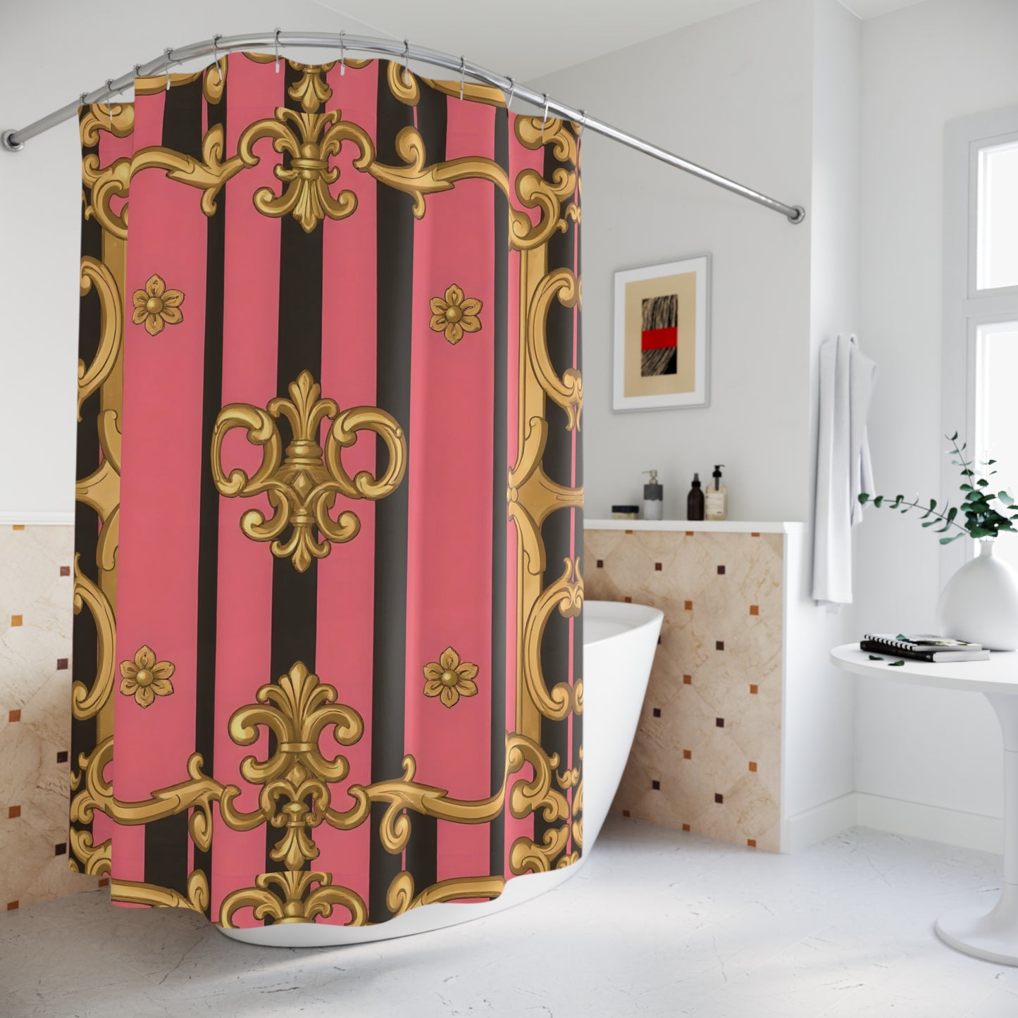 Glamorous Pink and Black Shower Curtain, Elegant Bathroom Decor, Modern Home - Pink & Black Striped Gold Baroque