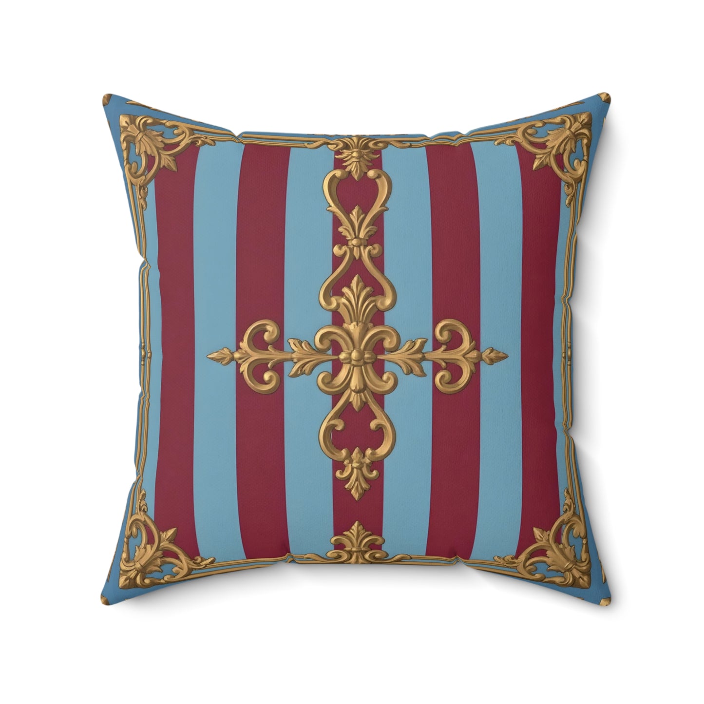 Elegant Faux Suede Accent Pillow, Chic Home Decor, Decorative Cushion, Luxurious Throw Pillow - Sky Blue & Maroon Striped Baroque