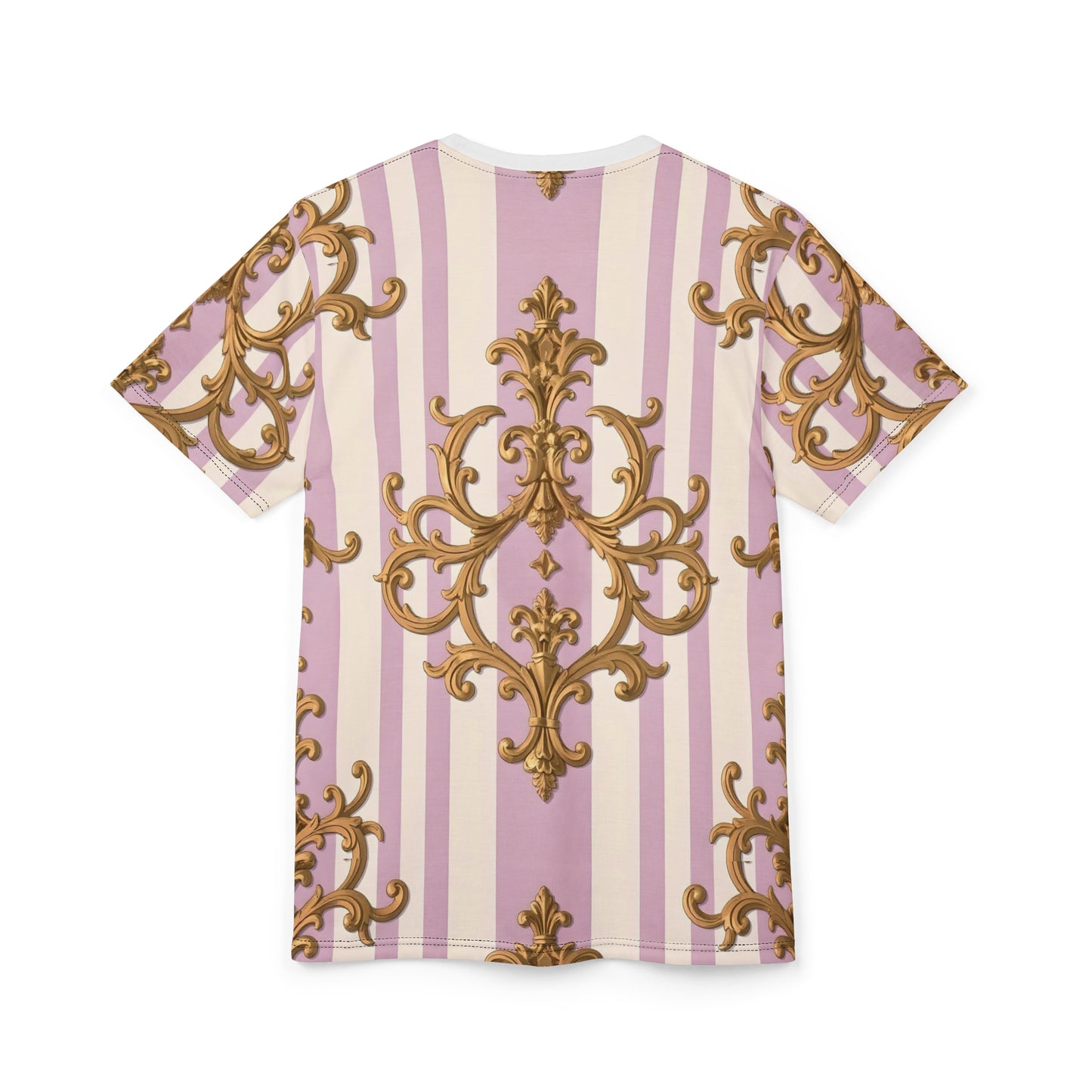 Elegant Patterned Unisex Tee, Chic Graphic T-Shirt, Statement Clothing, Fashion Top - Lilac & Alabaster Striped Gold Baroque