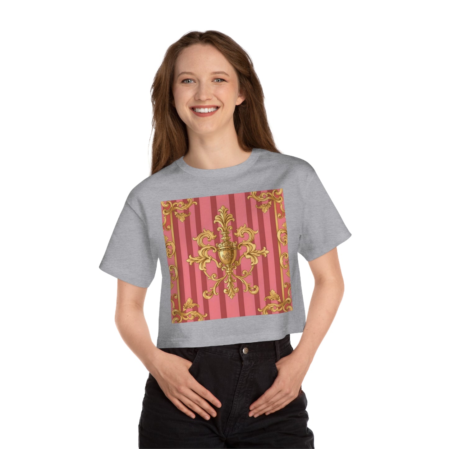 Chic Cropped T-Shirt, Elegant Fashion Top, Vintage Style Tee, Spring/Summer Casual Wear, Trendy Graphic Shirt - Pink Striped Gold Baroque