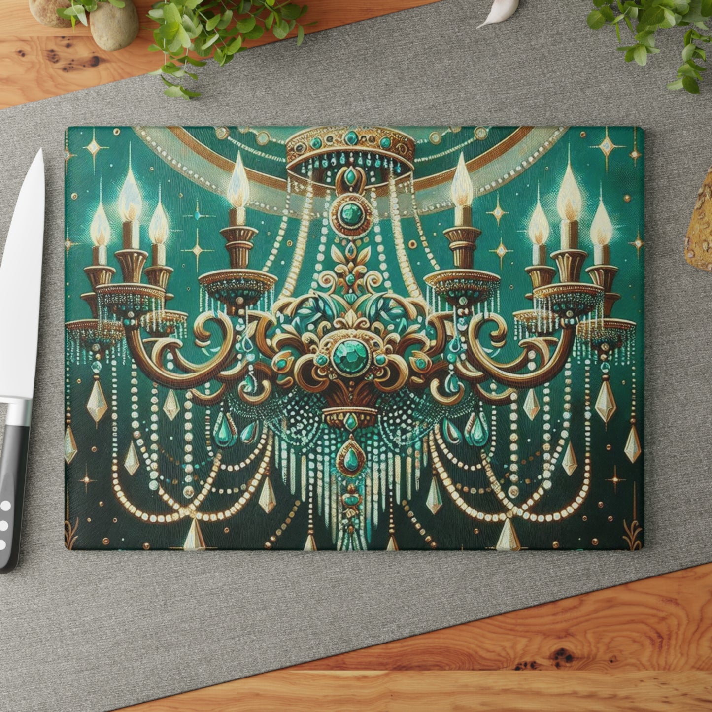 Glass Cutting Board - Green & Gold Jeweled Chandelier