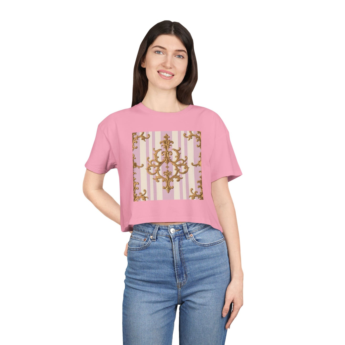 Chic Women's Crop Tee with Elegant Pink and Gold Design, Fashion Tee, Summer Style, Gift for Her - Lilac & Alabaster Striped Gold Baroque
