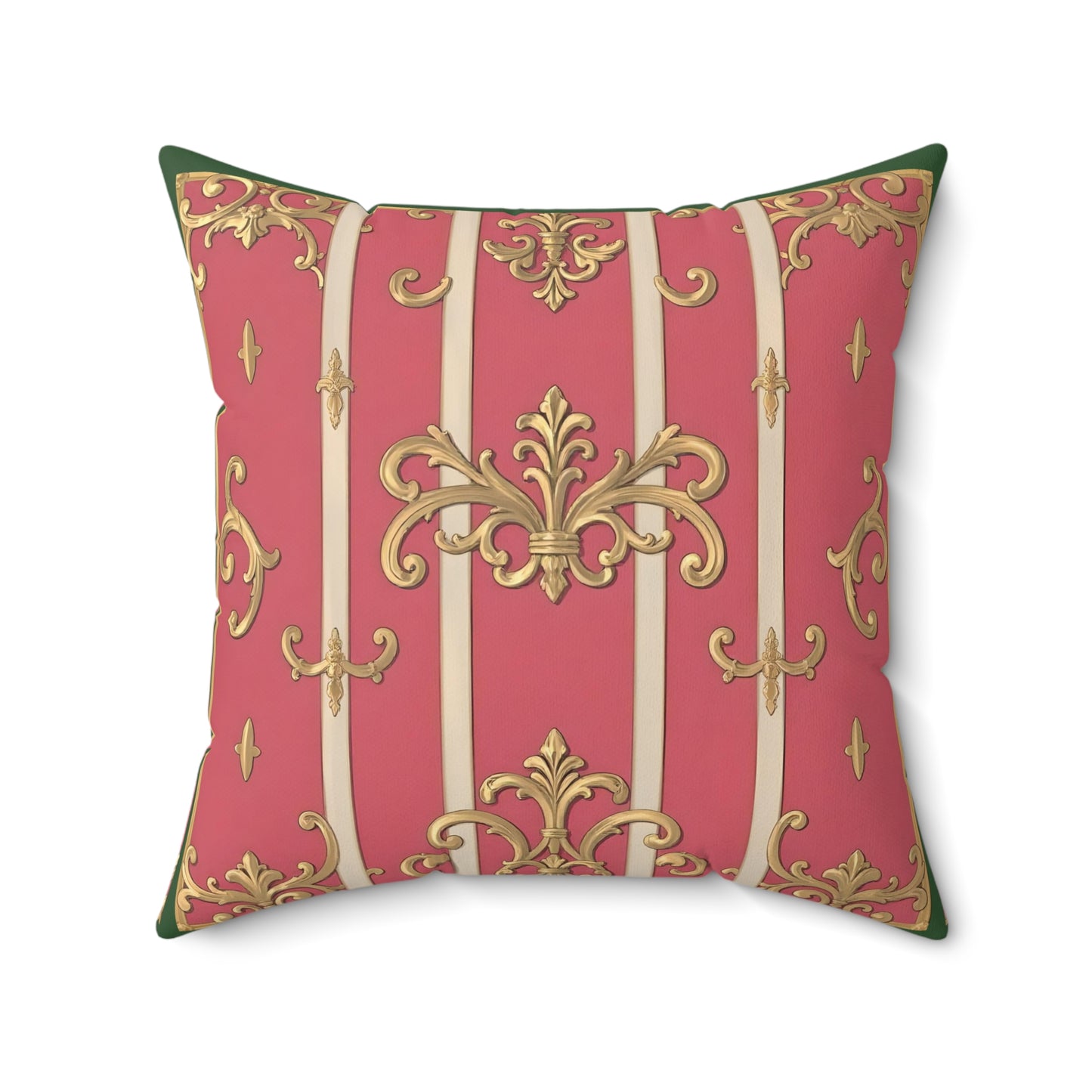 Elegant Faux Suede Green Border Striped Pink Baroque Square Pillow, Decorative Pillow for Living Room, Home Decor Accent