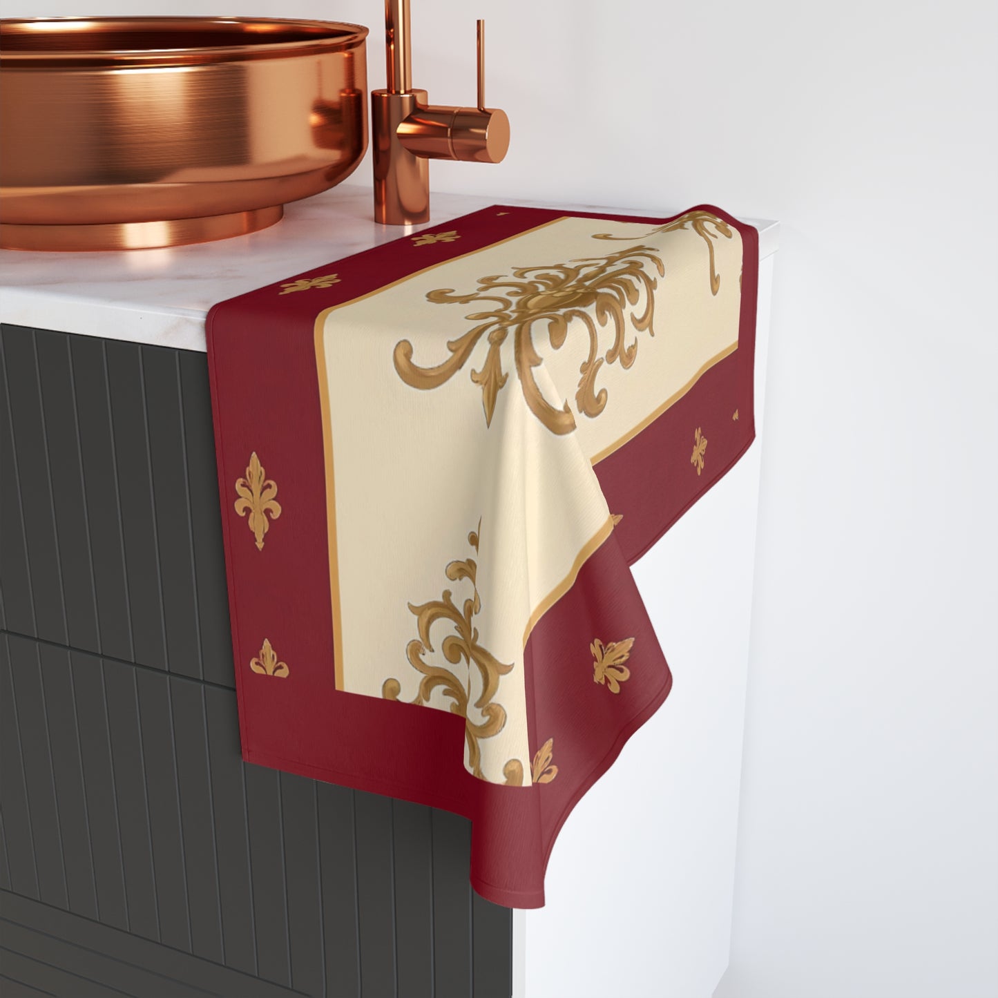 Luxurious Ornate Hand Towel - Elegant Home Décor - Dusk Red Striped Gold Damask