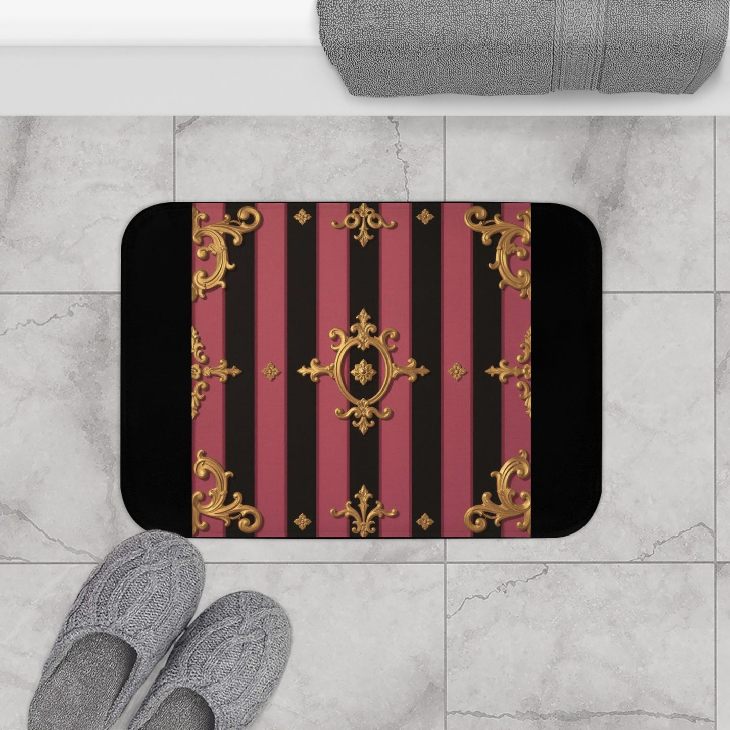 Elegant Black & Mauve Striped Gold Baroque Bath Mat, Luxurious Bathroom Decor, Home Spa Accessory, Fancy Gift for Housewarming