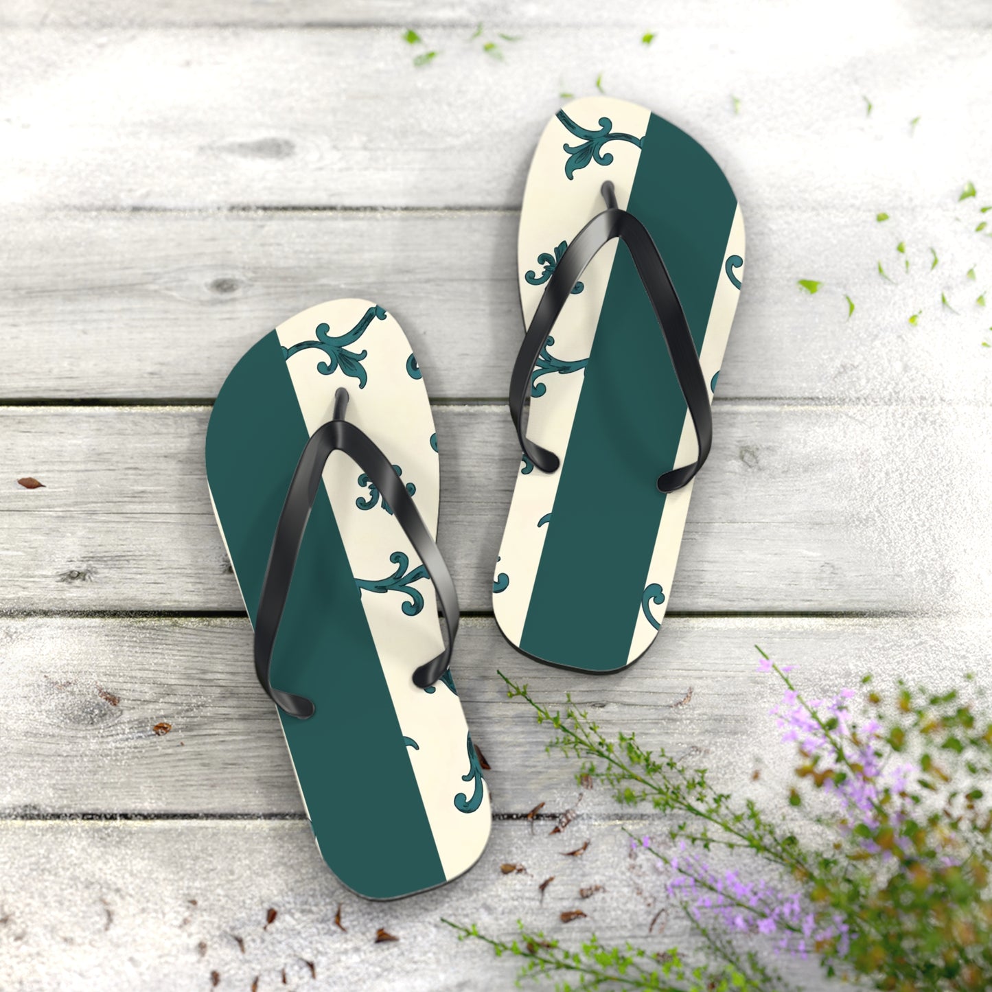 Stylish Summer Flip Flops, Trendy Beach Footwear, Casual Summer Sandals, Vacation Accessories, Eco-Friendly Summer Shoes - Teal Striped Rococo