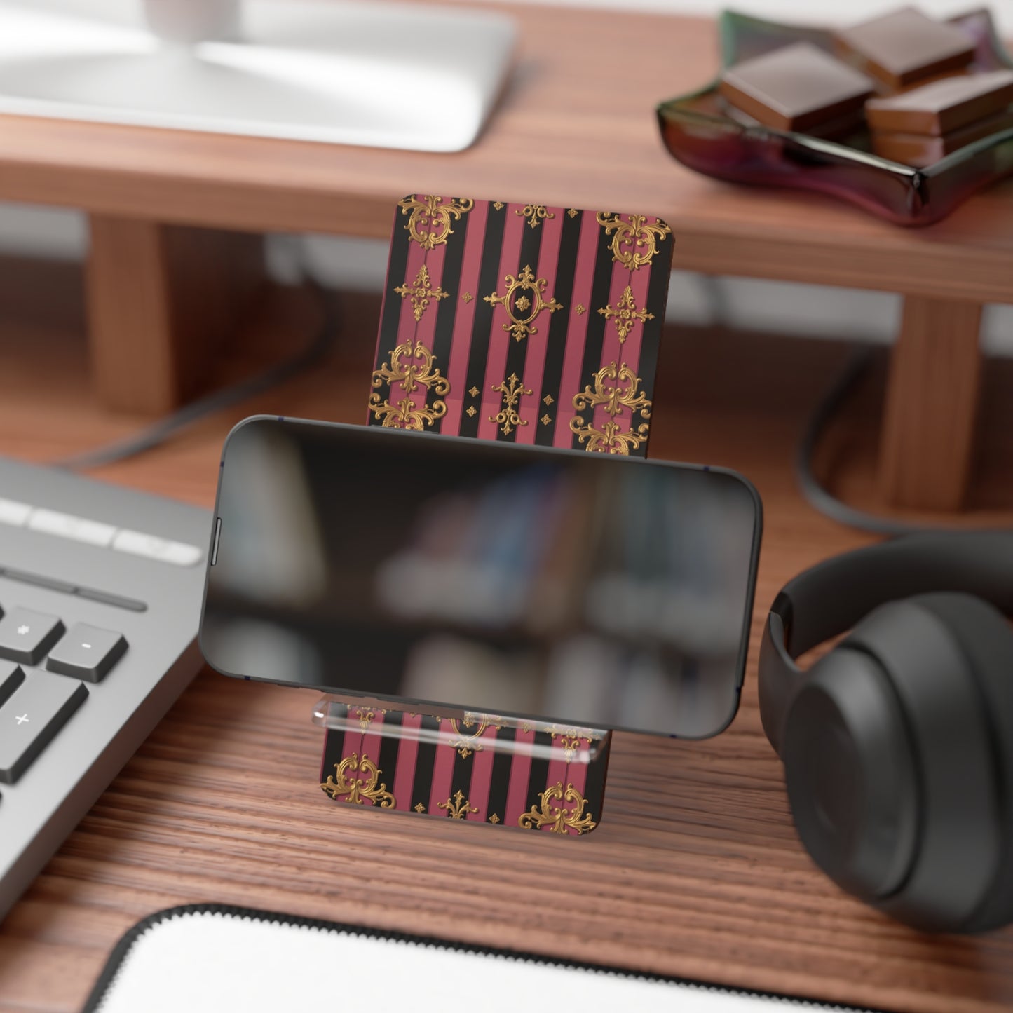 Elegant Black & Mauve Striped Gold Baroque Smartphone Display Stand, Decorative Mobile Holder, Stylish Desk Accessory, Home Office Decor