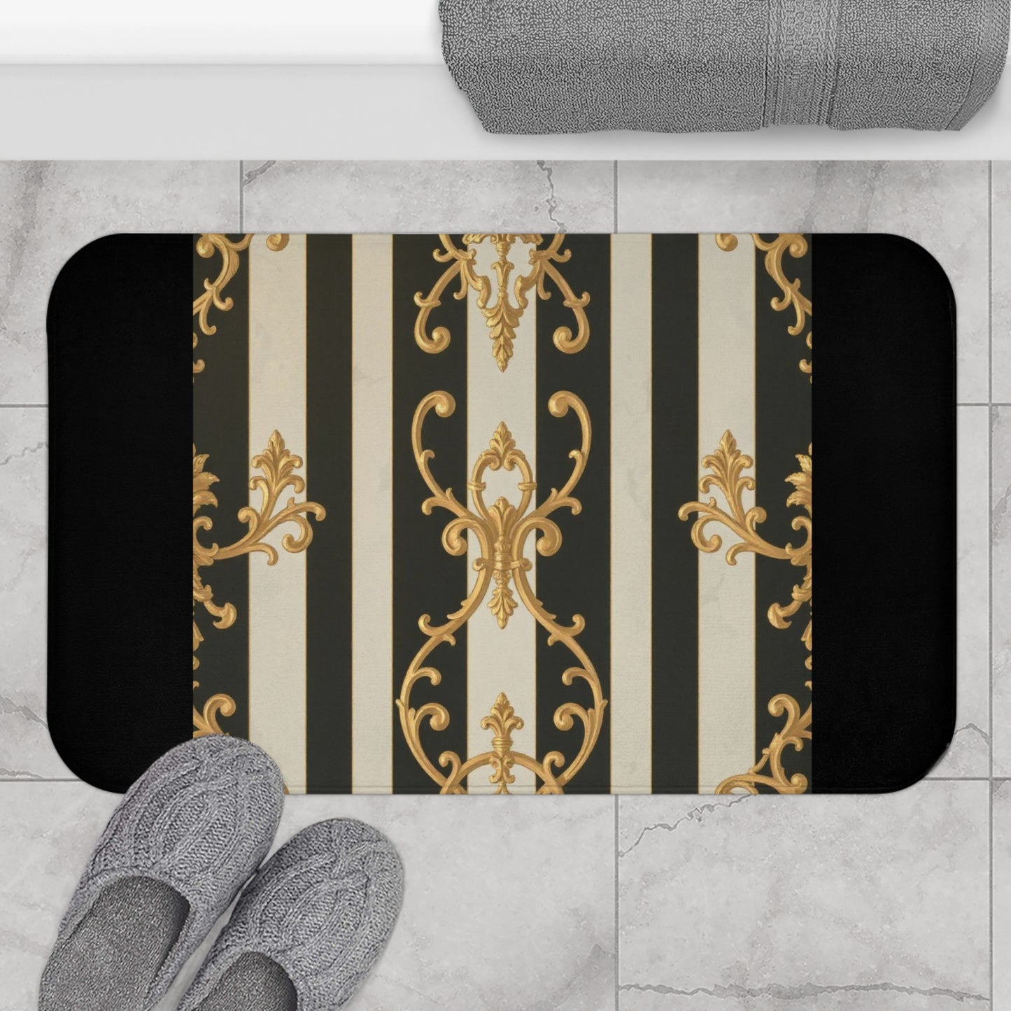 Elegant Black and Alabaster Striped Baroque Bath Mat, Luxurious Bathroom Decor, Non-Slip Mat, Gift for Homeowners, Stylish Bath Accessory