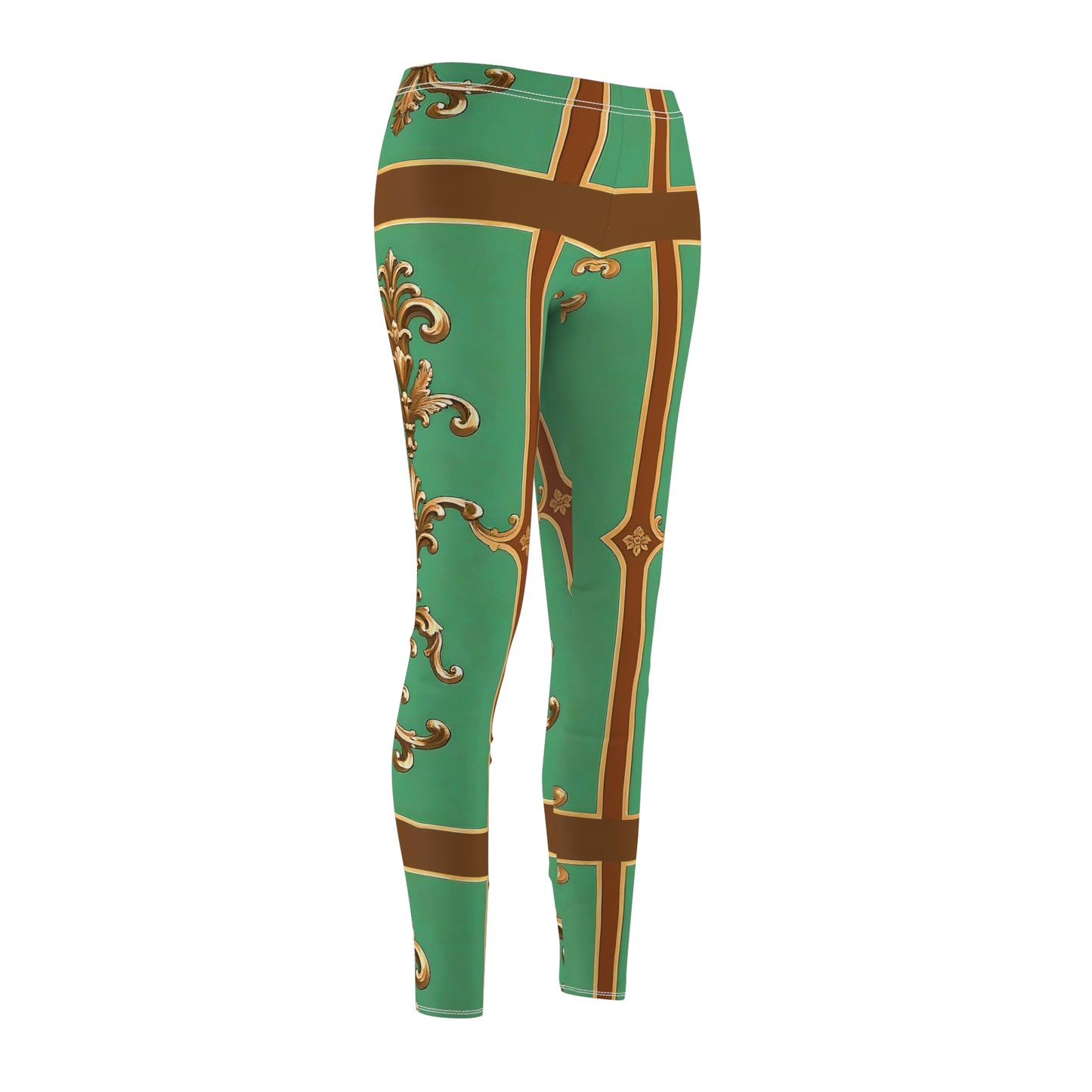 Stylish Vintage-Inspired Women's Casual Leggings with Elegant Patterns - Rust & Green Striped Baroque