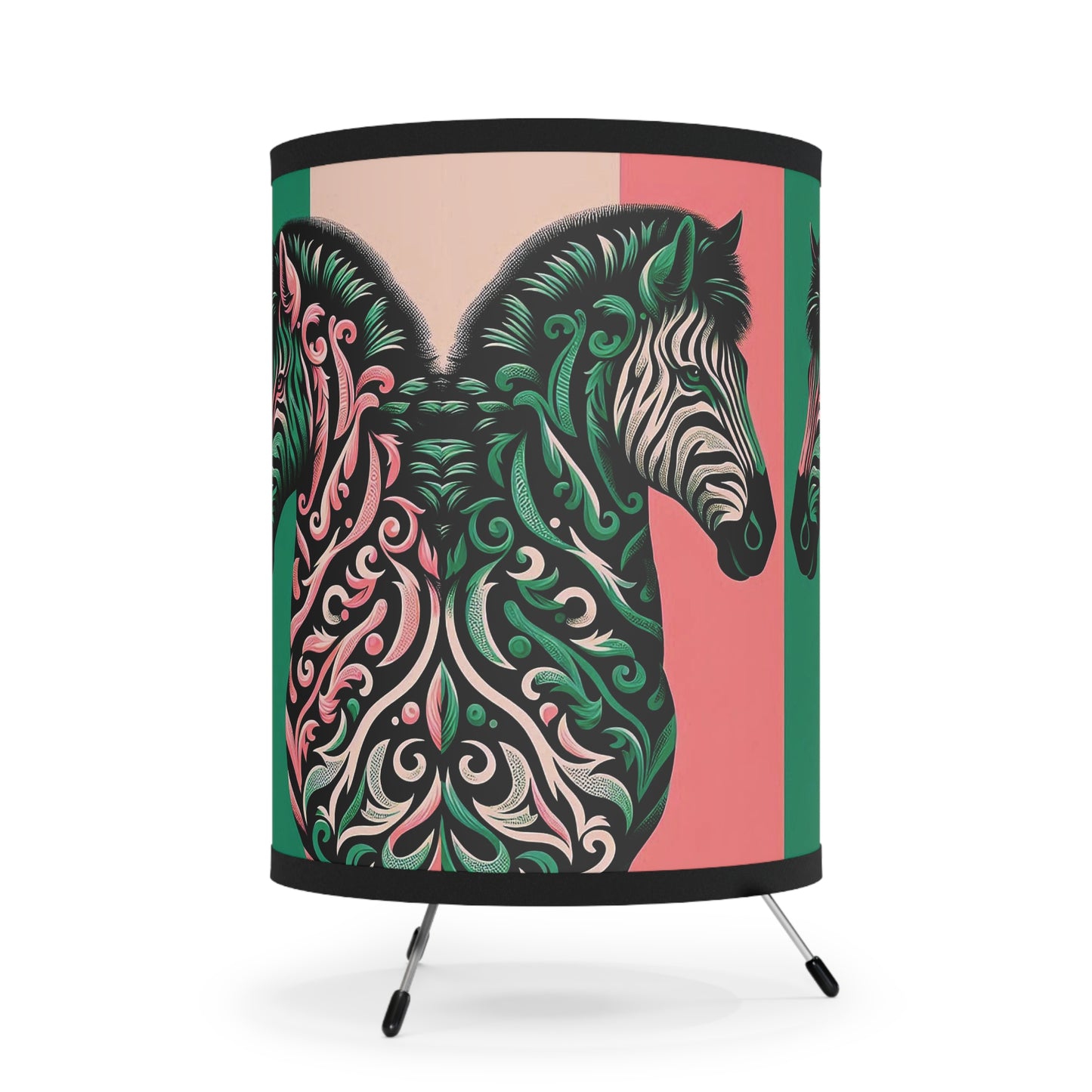 Tripod Lamp - Elegant Vintage Floral Print Home Accent - Elegant Pink & Green Zebra Damask Design
