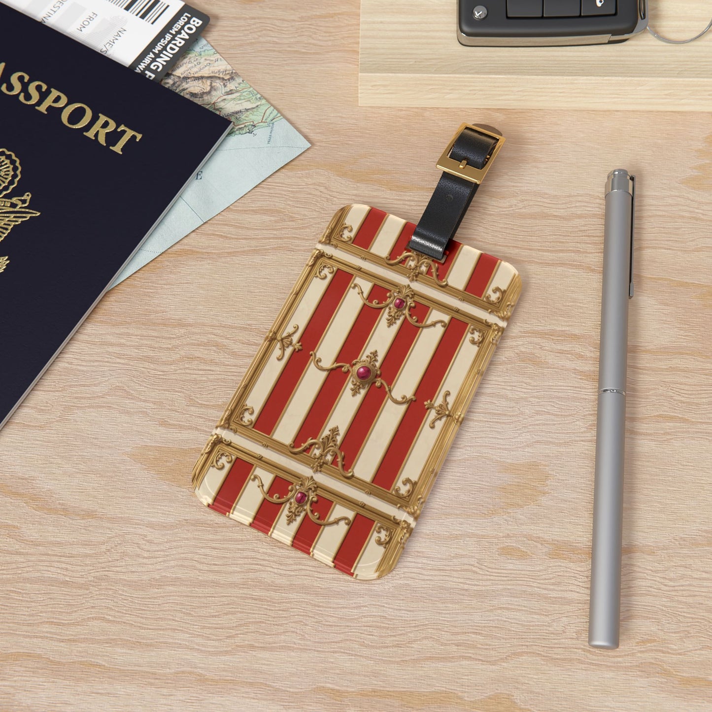 Vintage Stripe Luggage Tag - Elegant Travel Accessory with Classic Design - Alabaster & Dusk Orange Striped Baroque