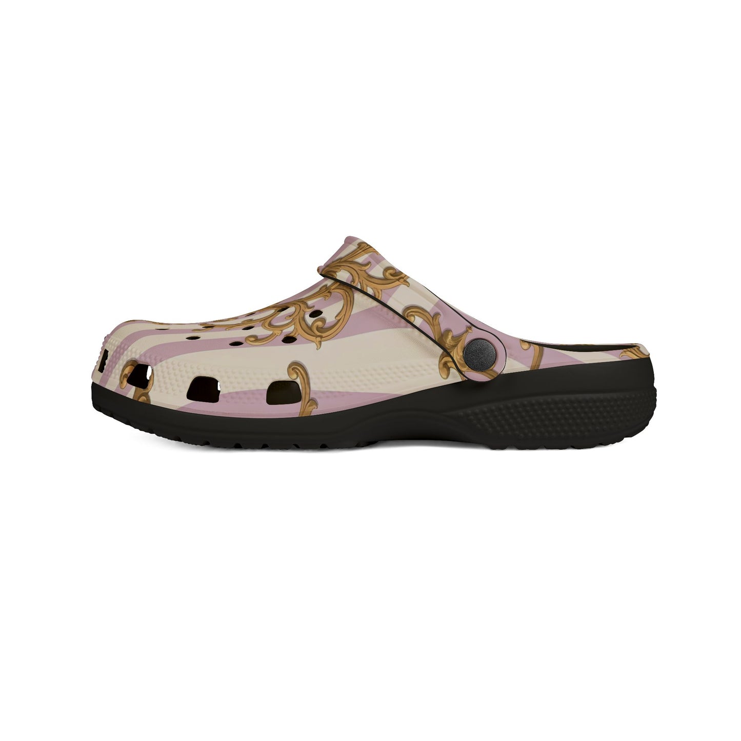 Chic Floral Clogs - Stylish EVA Foam Slip-On Shoes, Cute Garden Footwear, Comfortable Walkers - Lilac & Alabaster Striped Gold Baroque