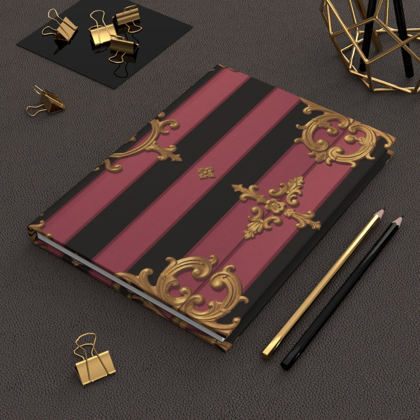 Elegant Black & Mauve Striped Gold Baroque Hardcover Journal, Sophisticated Writing Notebook, Gift for Writers, Art Lovers, Journaling, Notebooks