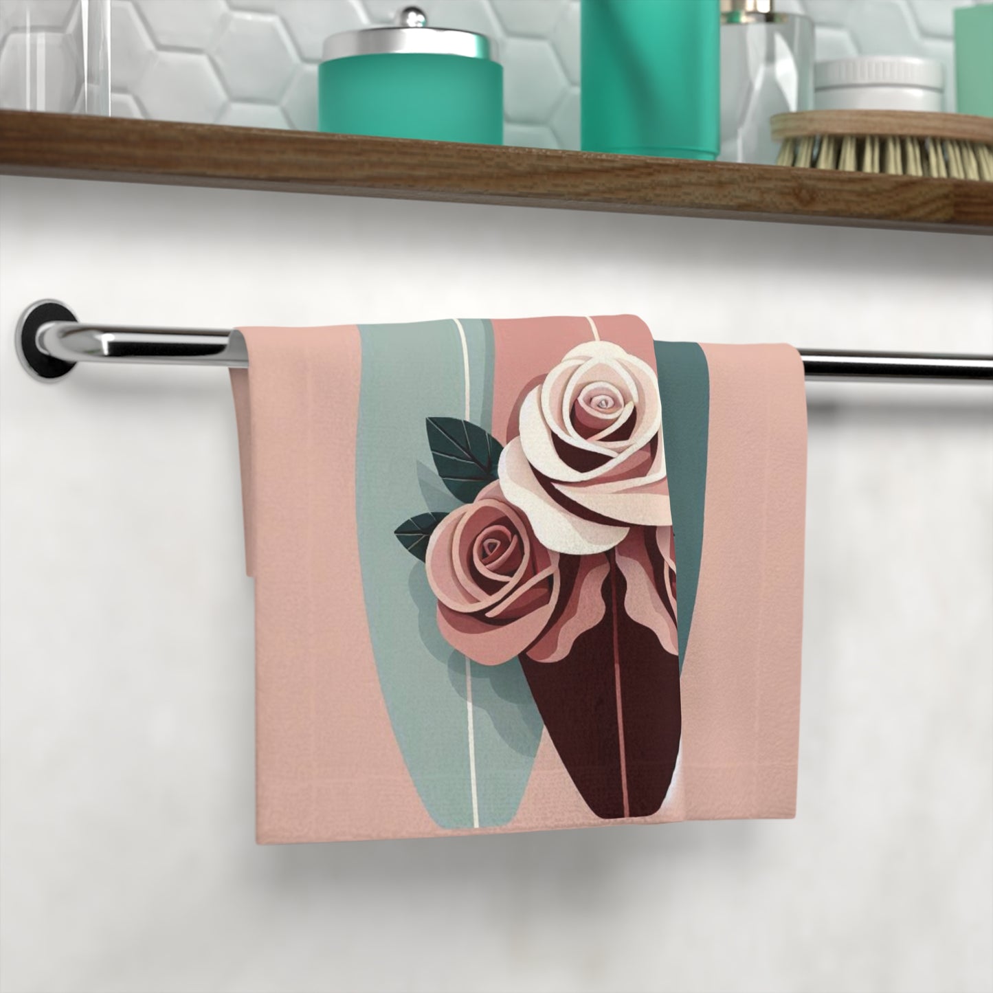 Floral Surf-Inspired Face Towel - Beach Ready Softness - Burgundy, Matte Mauve & Teal Surfboard & Roses Design