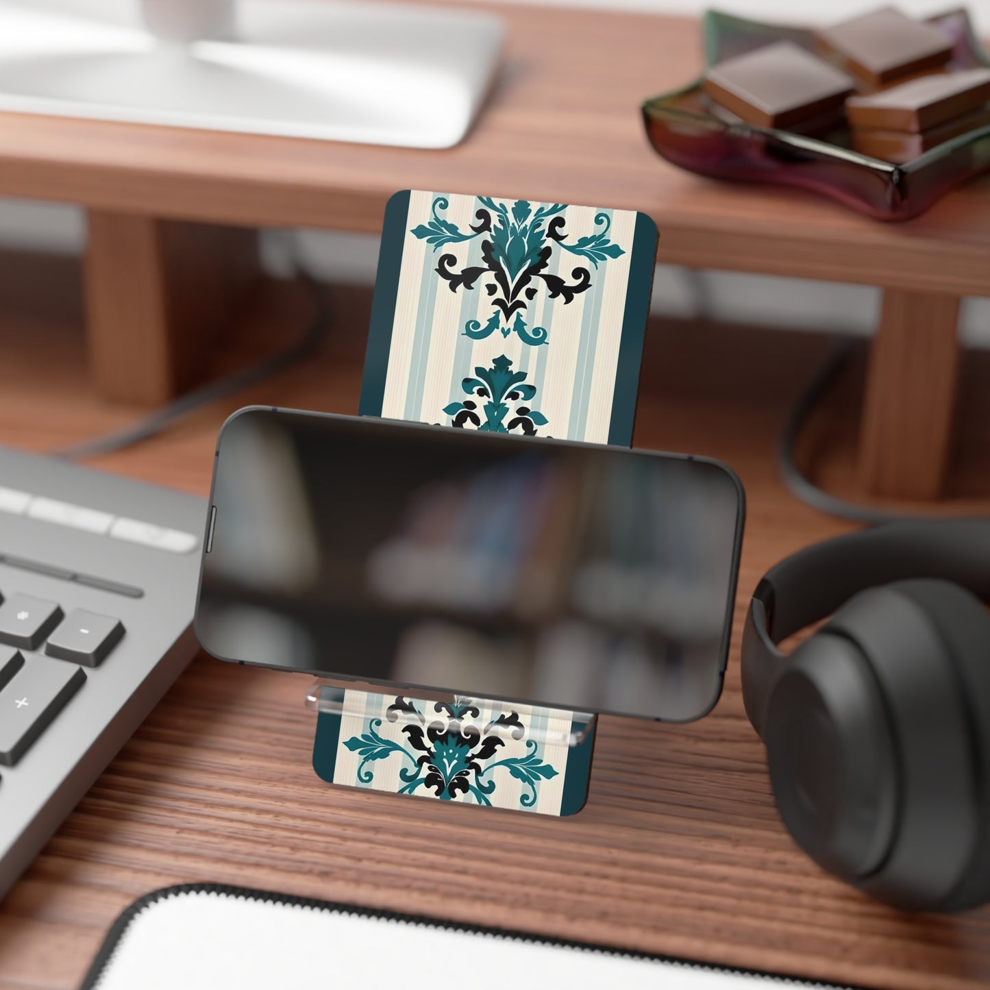 Elegant Floral Smartphone Display Stand - Teal Striped Damask - Decorative Mobile Holder