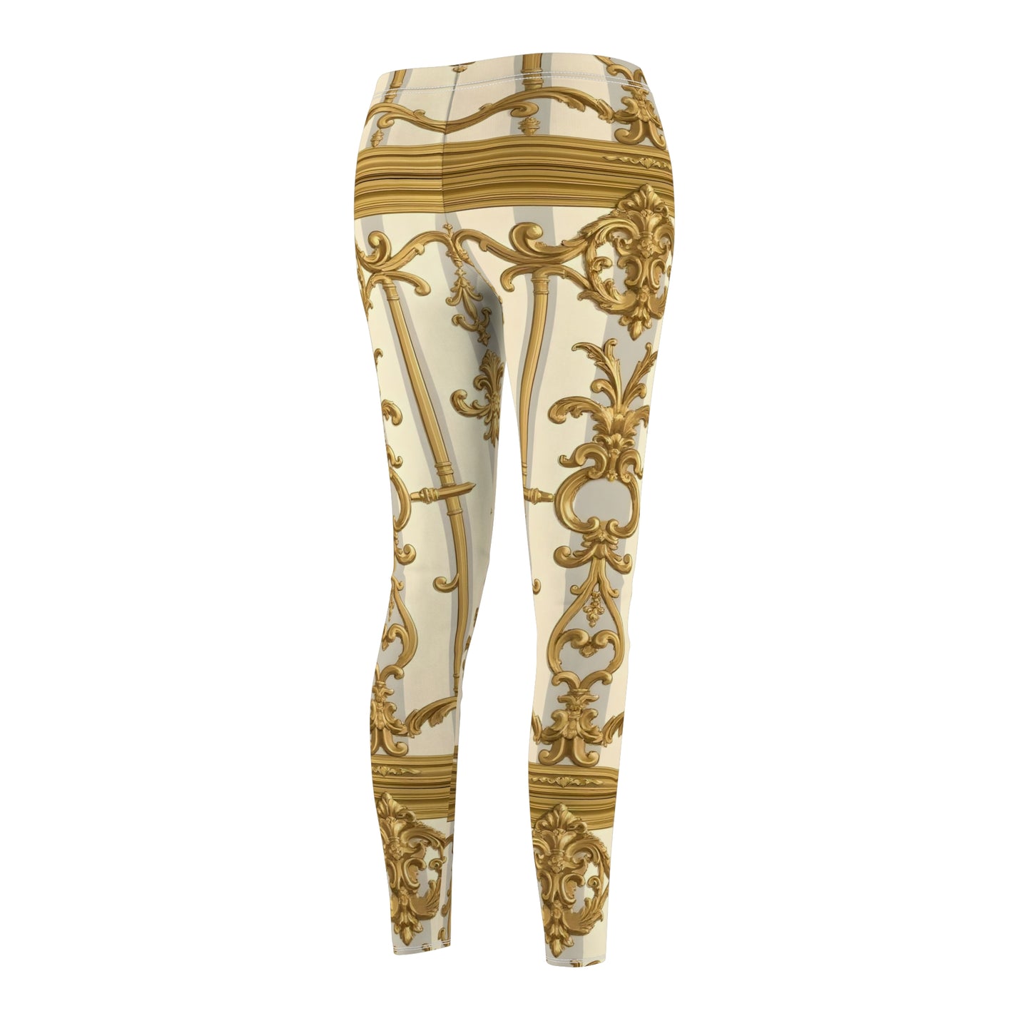 Elegant Gold Pattern Women's Leggings, Chic Fashion Trousers, Casual Wear, Athleisure Pants - Matte Gray & Cream Striped Gold Baroque