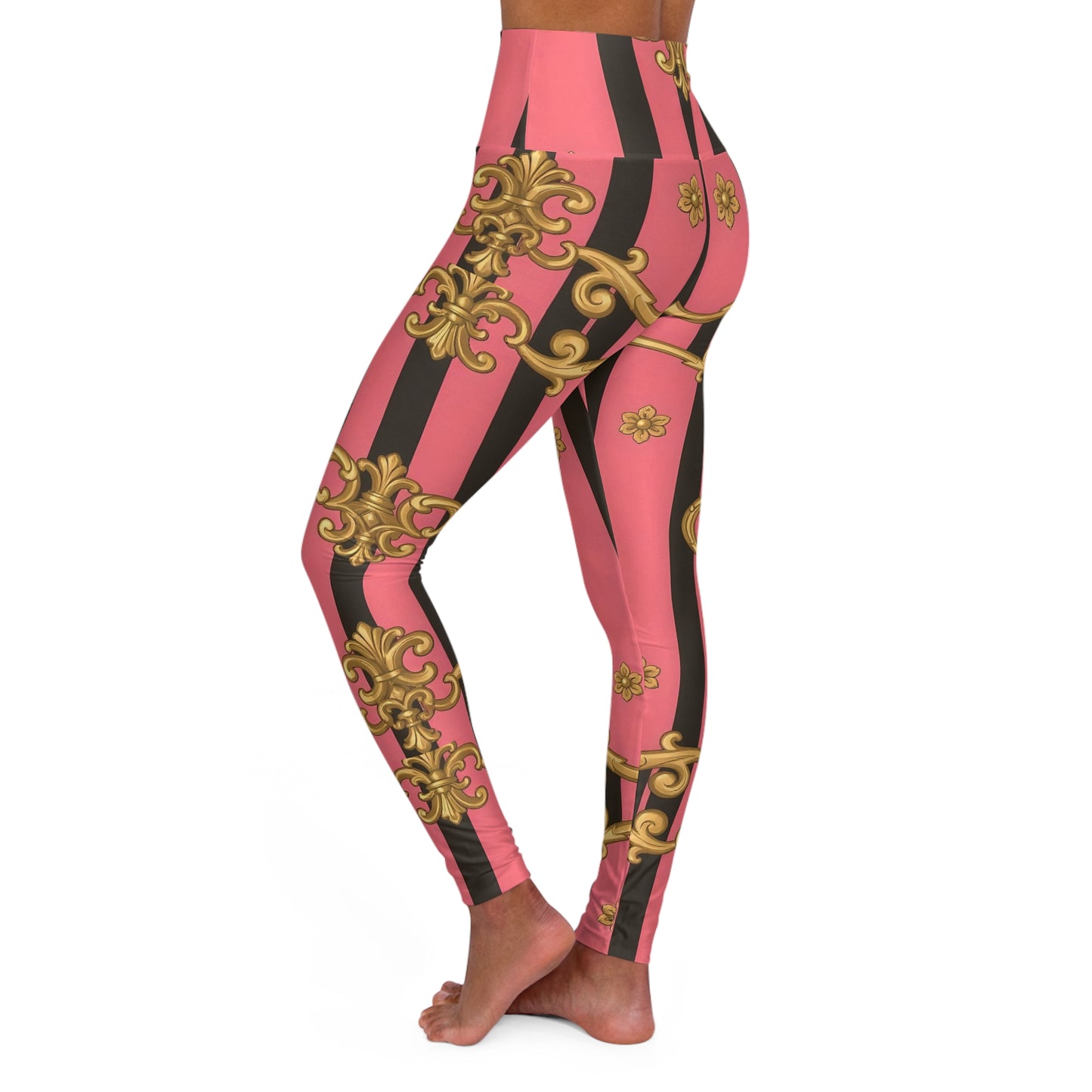 Chic High Waisted Yoga Leggings, Fitness Apparel, Activewear, Workout Leggings, Stylish Sports Leggings - Pink & Black Striped Gold Baroque