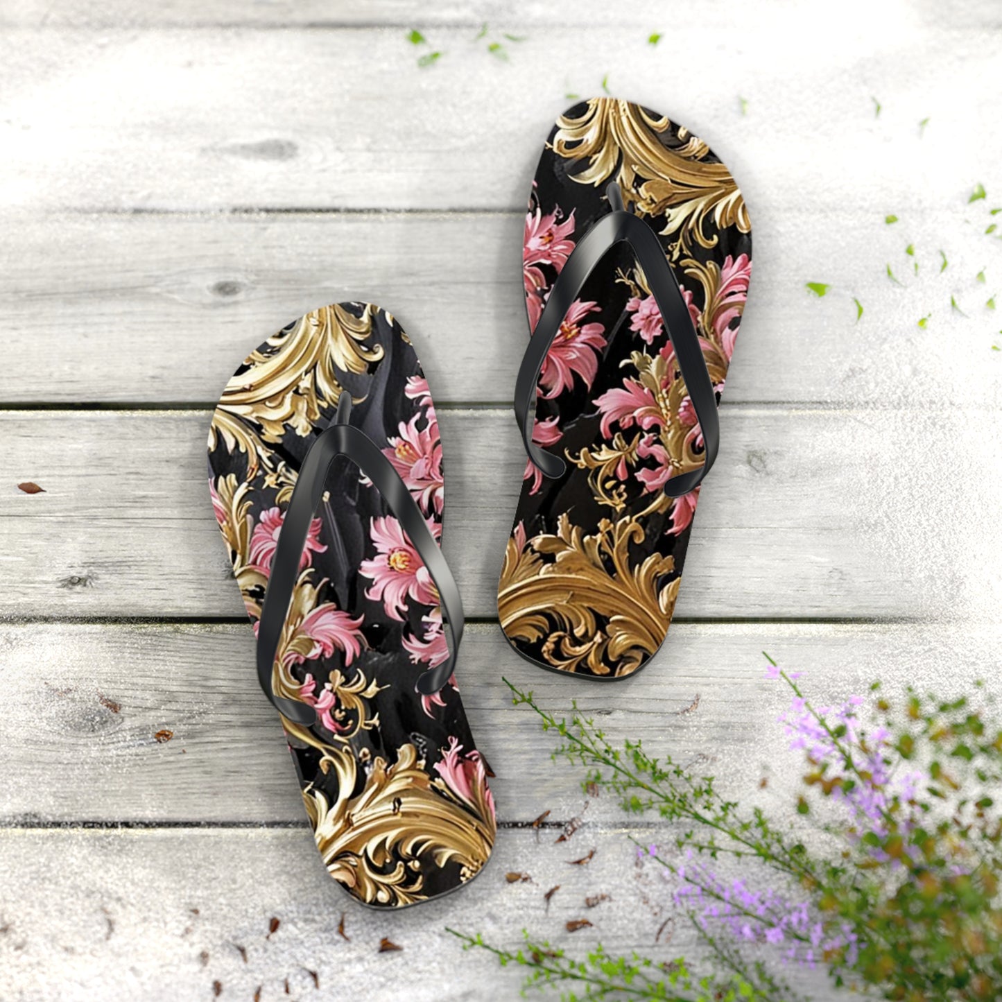 Elegant Floral Flip Flops - Summer Footwear, Beach Sandals, Vacation Accessories, Travel Essentials - Black & Pink Oil Painting Style Rococo