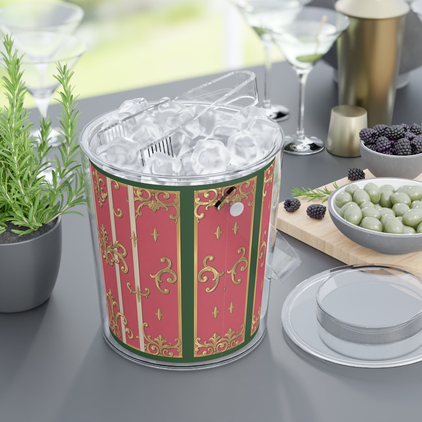 Chic Decorative Green Border Pink Striped Baroque Ice Bucket with Tongs - Elegant Drink Cooler, Party Essential, Holiday Gift