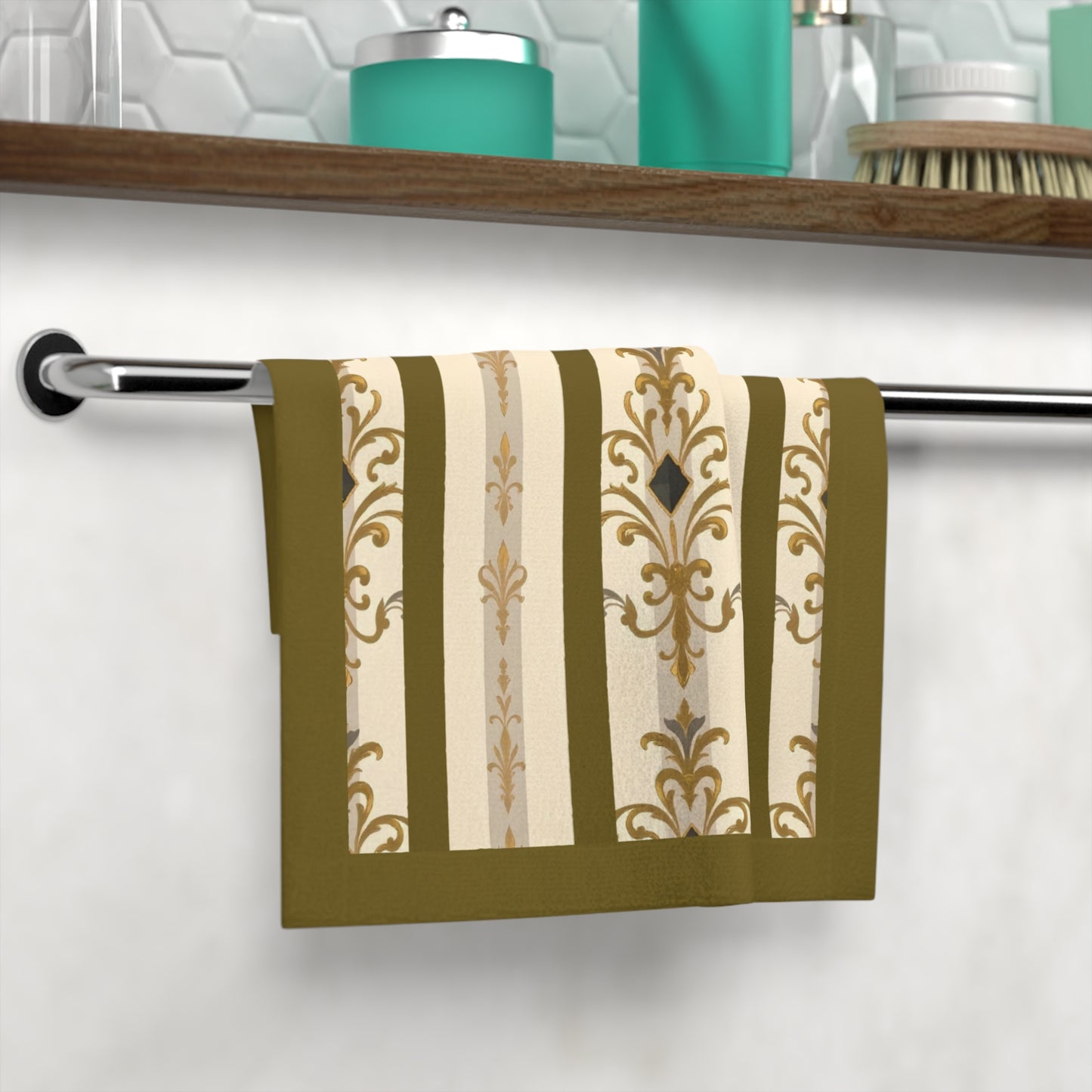 Elegant Vintage Face Towel – Luxurious Gold Pattern for Home & Spa - Olive Striped Gold Damask