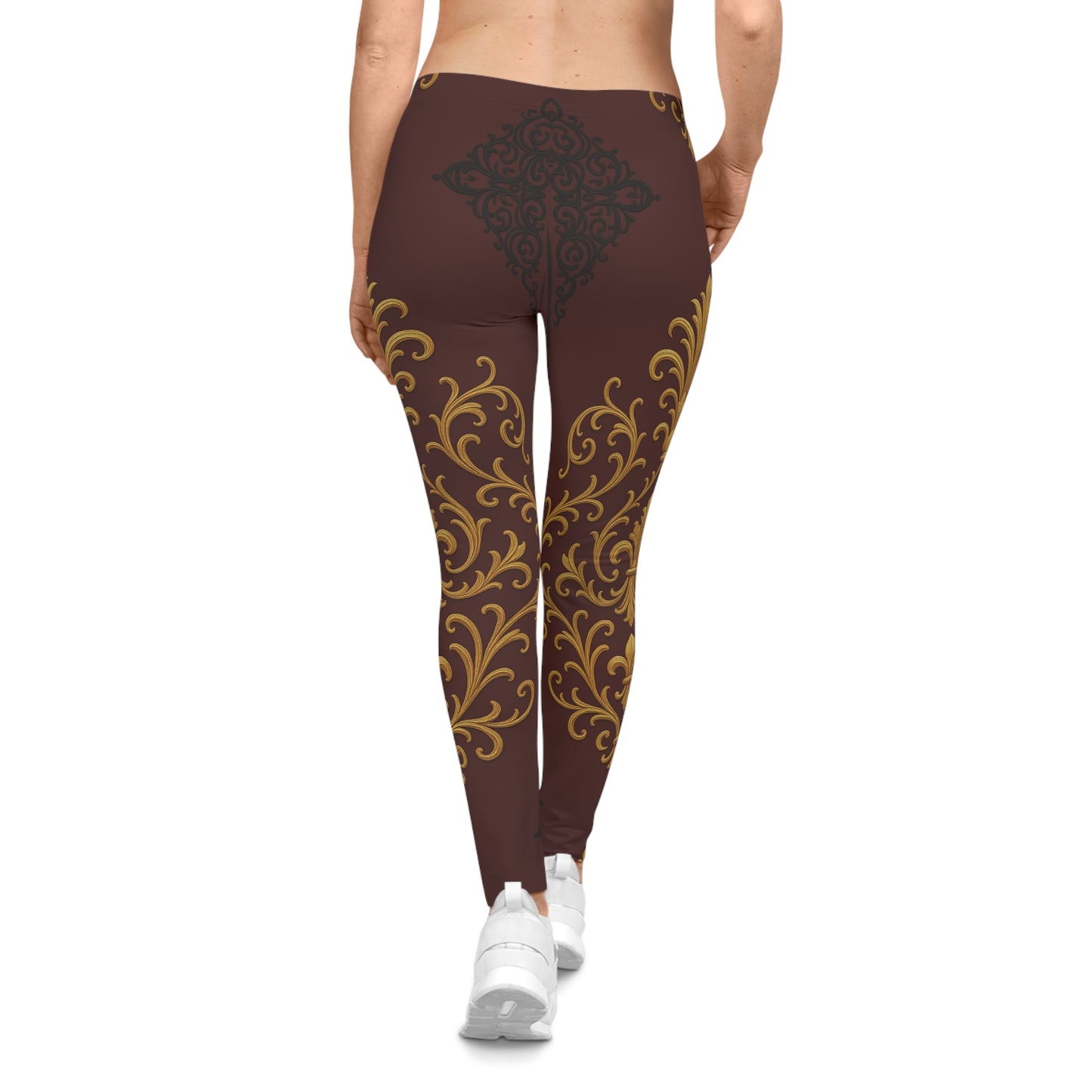 Dusk Burgundy-Black & Gold Baroque Leggings — Gold Scrollwork on Rich Burgundy AOP