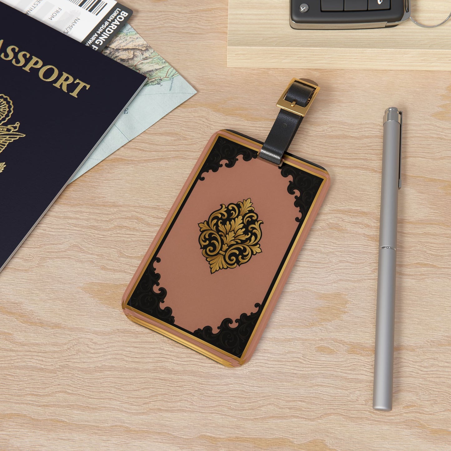 Mauve & Black-Gold Baroque Vintage Luggage Tag — Mauve & Gold Travel ID