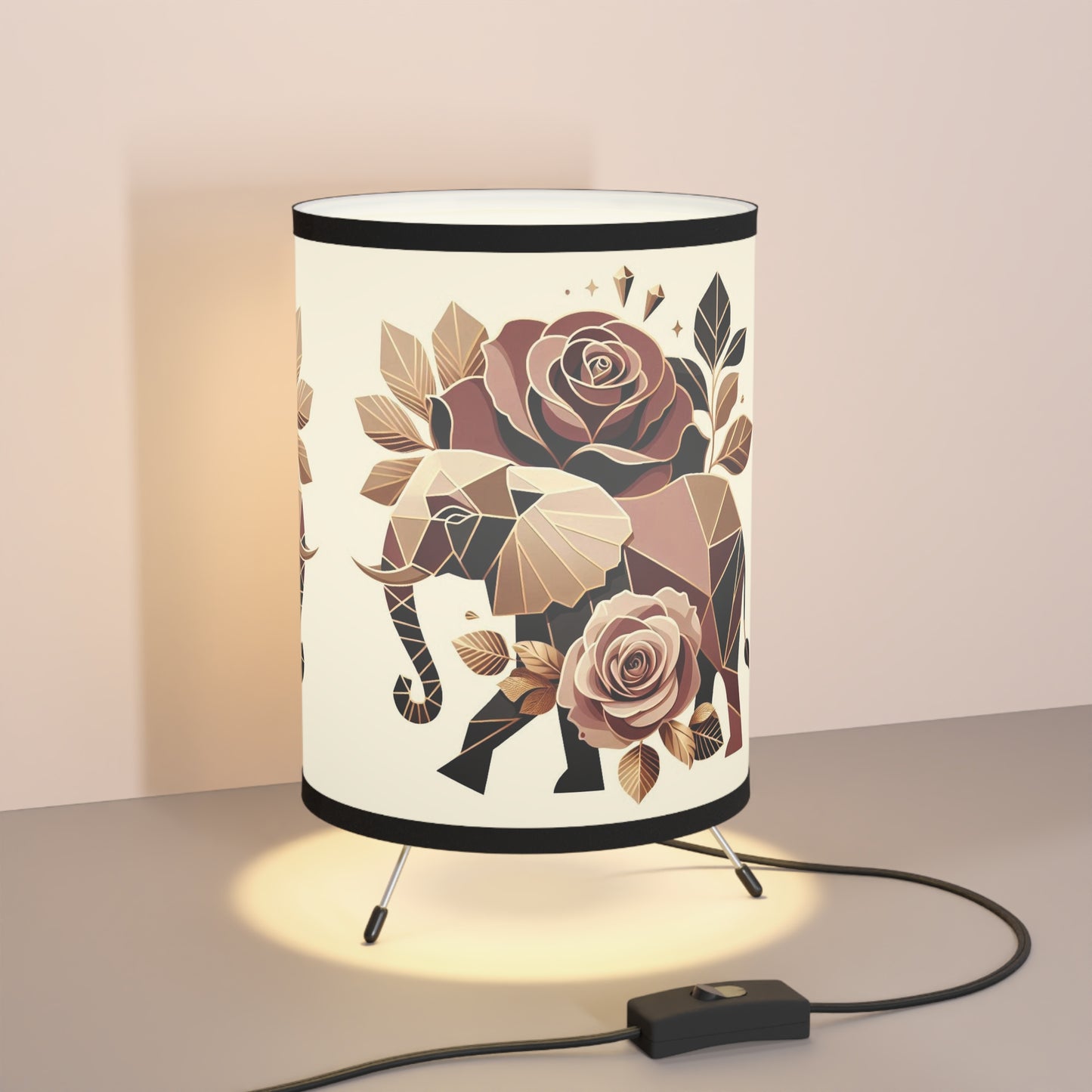 Boho Elephant Tripod Lamp with Floral Design - High-Res Printed Shade - Brown & Gold Elephant & Roses Design