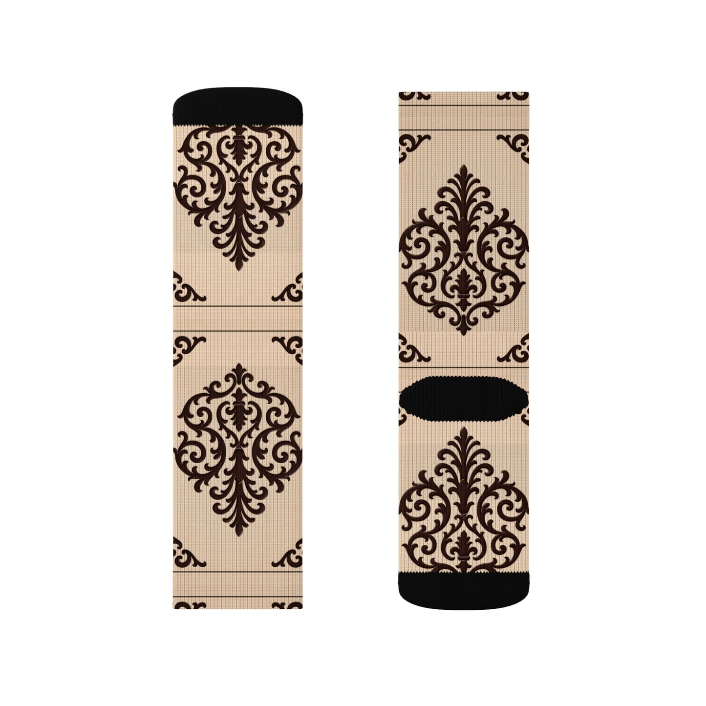 Almond-Beige & Brown Baroque Sublimation Socks – Vintage Baroque Pattern Crew Socks