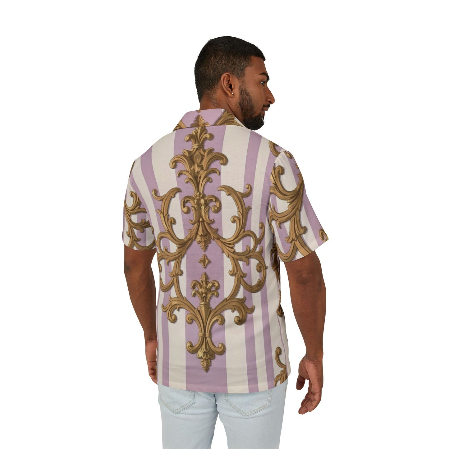 Stylish Men's Hawaiian Camp Shirt, Vacation Wear, Beach Attire, Summer Fashion, Casual Button-Up - Lilac & Alabaster Striped Gold Baroque