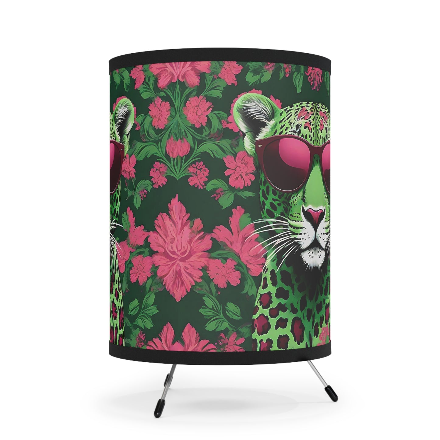 Tripod Lamp - Elegant Vintage Floral Print Home Accent - Lime Green & Burgundy Leopard In Sunglasses Design