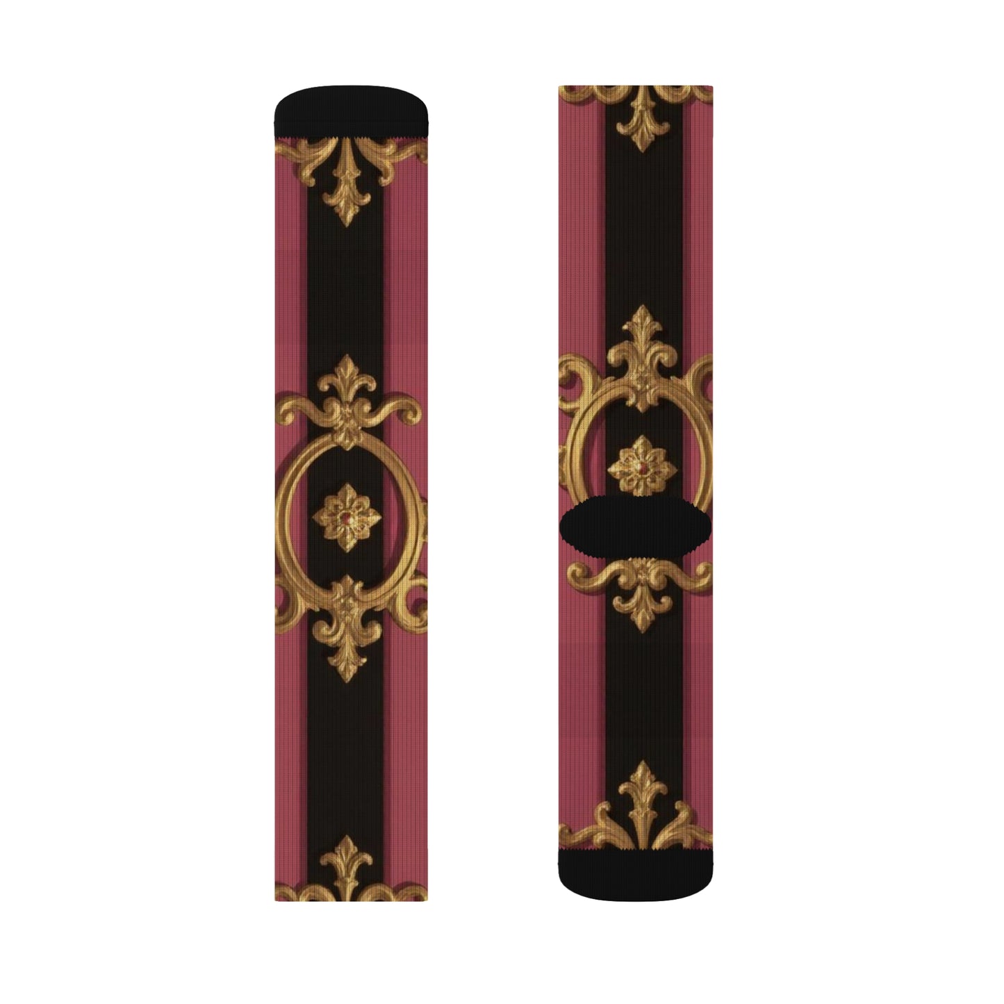 Stylish Sublimation Socks, Black & Mauve Striped Gold Baroque Fashion Socks, Unique Gift Socks, Cozy Home Socks, Trendy Footwear, Comfortable Dress Socks