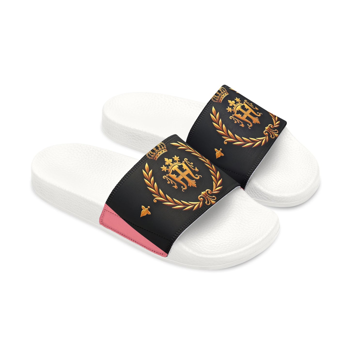 Chic Women's Removable-Strap Sandals | Stylish Summer Footwear, Pool Slides, Casual Beach Shoes, Vacation Footwear - Pink Striped Gold Crest