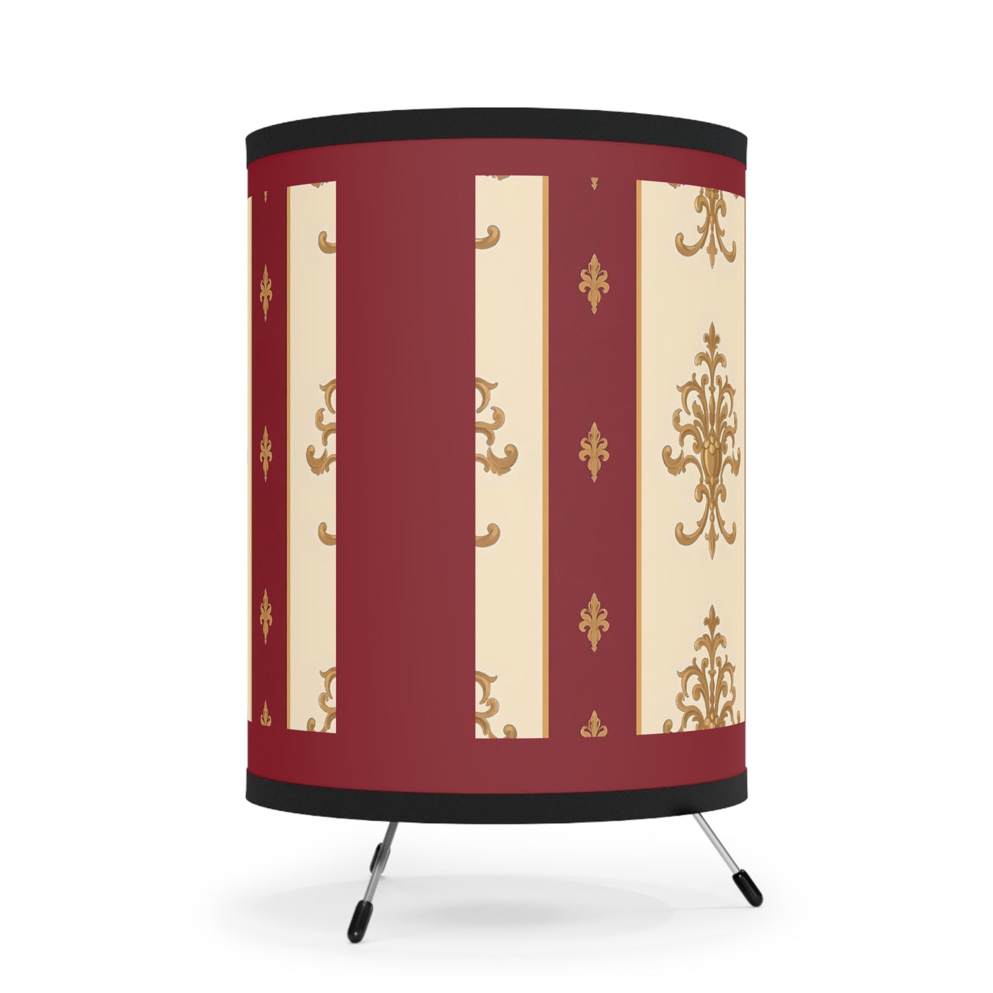 Elegant Tripod Lamp with Vintage Floral Print Shade - High-Res Home Accent - Dusk Red Striped Gold Damask