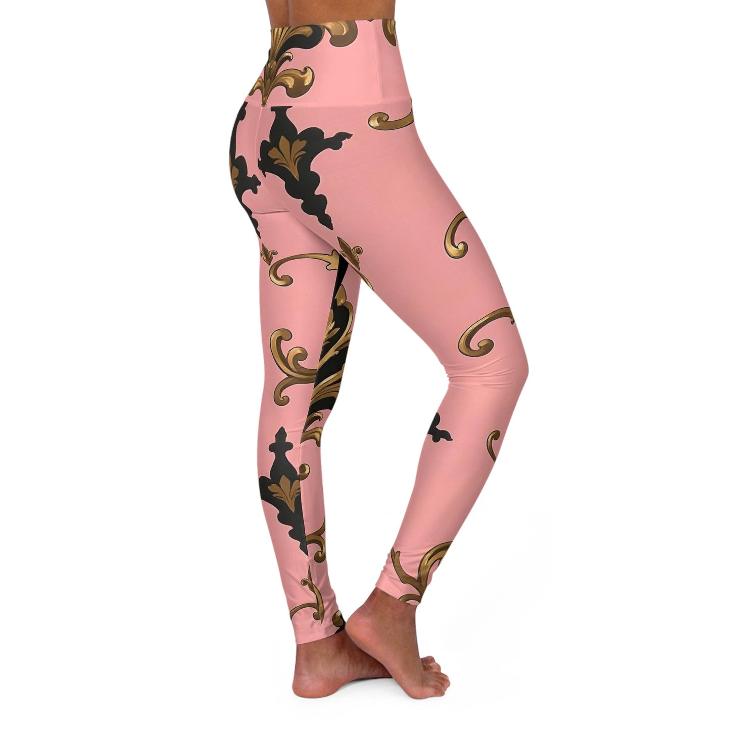 Elegant High Waisted Yoga Leggings, Floral Print Fitness Pants, Women's Workout Leggings - Pink, Black & Gold Rococo