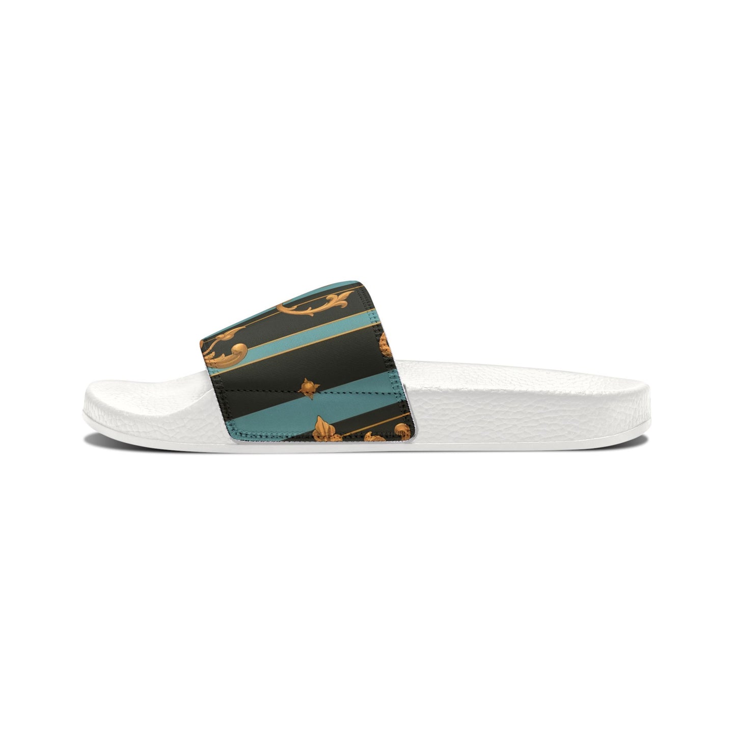 Chic Women's Removable-Strap Sandals - Stylish Summer Footwear, Poolside Essential, Vacation Must-Have - Black & Turquoise Striped Baroque