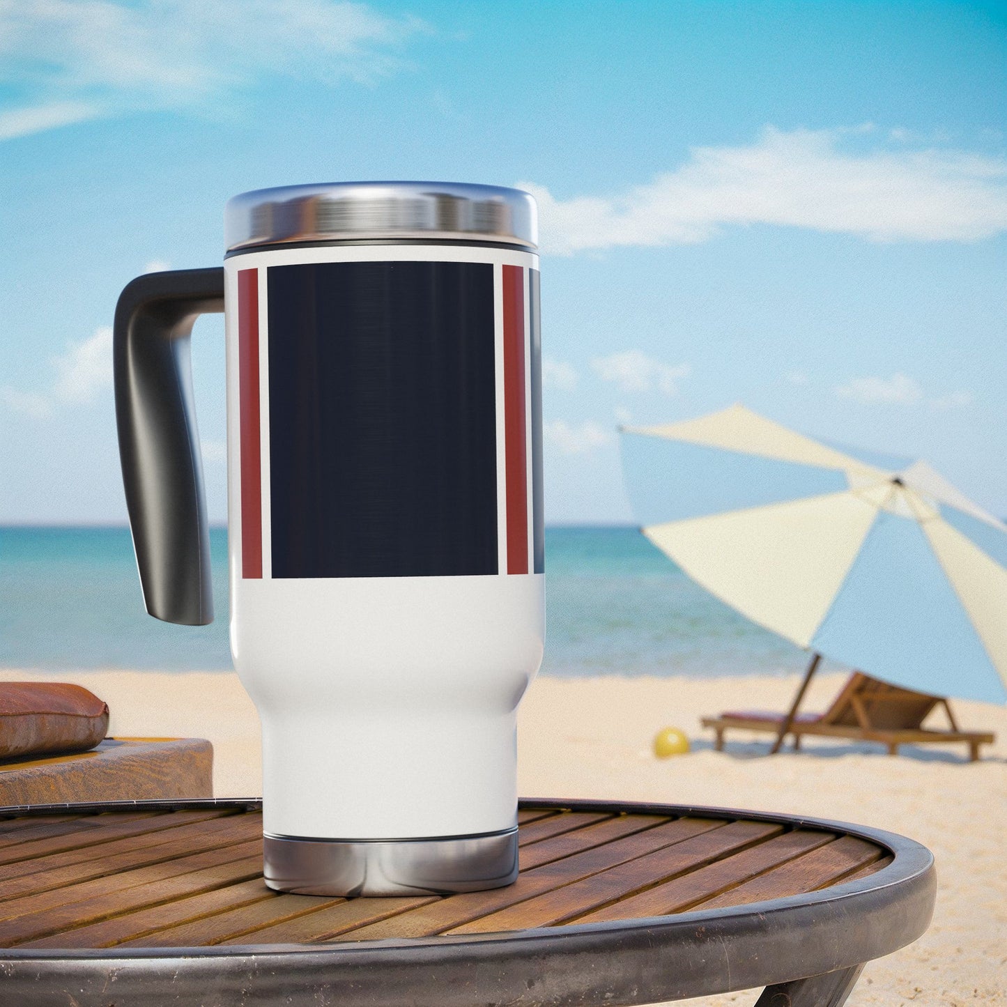 Lunar Midnight & Red-White Striped Stainless Steel Travel Mug with Handle, 14oz