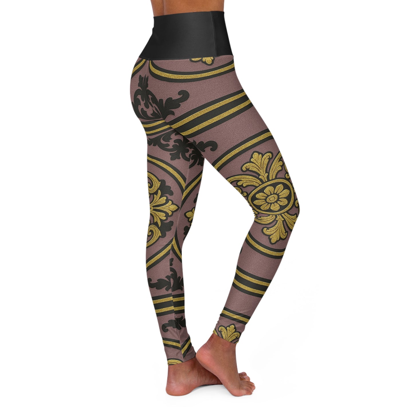 Chic Gilded Mauve With Black-Gold Baroque High Waisted Yoga Leggings, Stylish Workout Pants, Fitness Apparel, Activewear, Yoga & Pilates Fashion