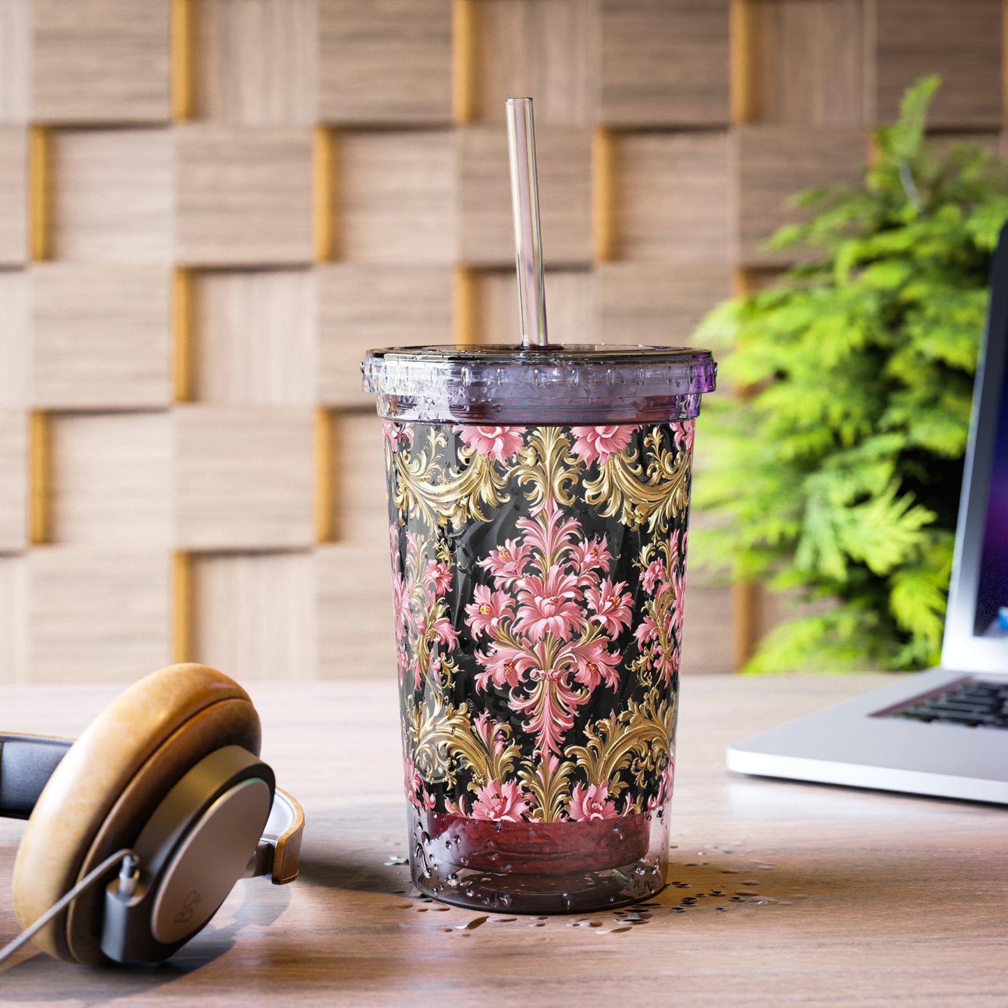 Chic Floral Acrylic Cup, Stylish Drinkware, Floral Tumbler, Gift for Her, Travel Cup, Coffee Cup, Party Favor - Black & Pink Oil Painting Style Rococo