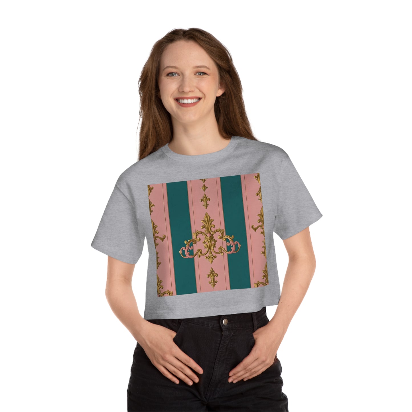 Heritage Cropped T-Shirt with Elegant Floral Design, Casual Wear, Summer Fashion, Vintage Style, Gift for Her - Pink & Teal Striped Gold Baroque