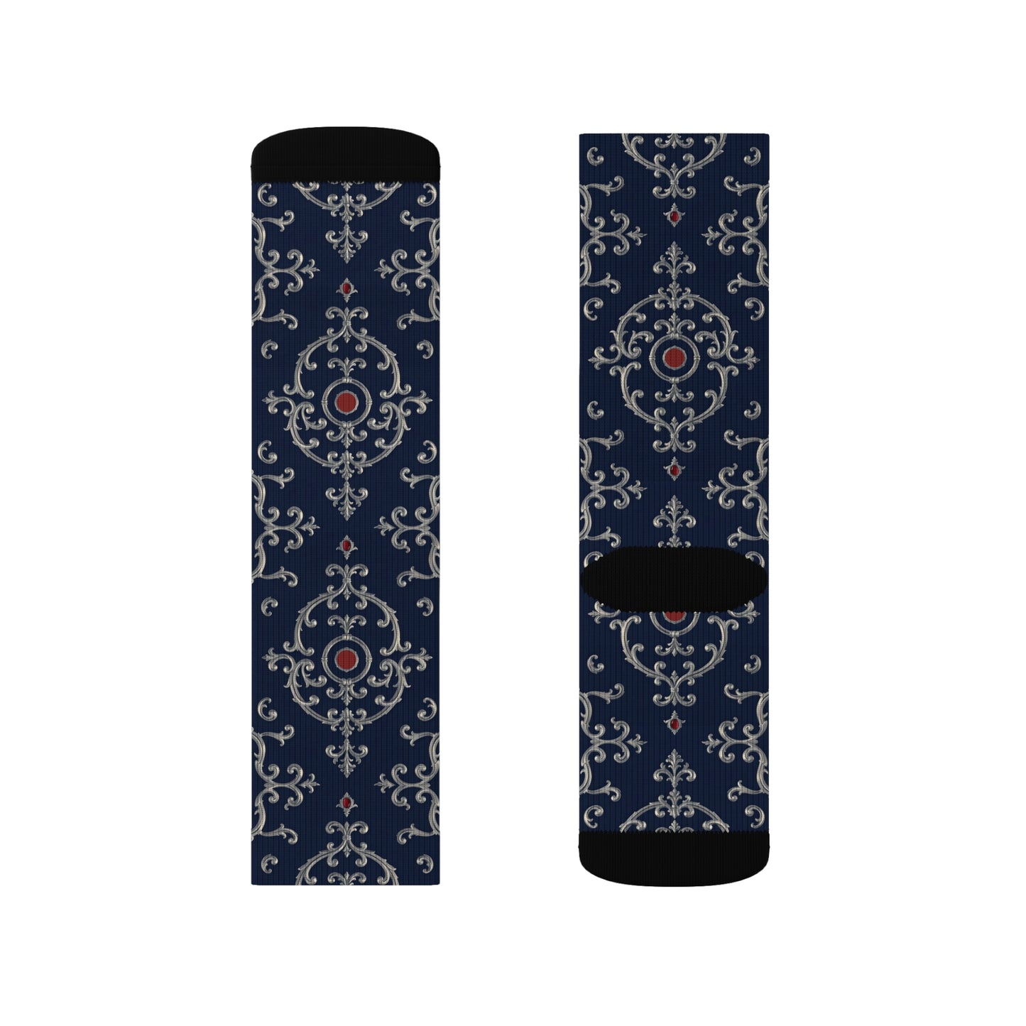 Stylish Sublimation Socks for Everyday Comfort, Unique Gift for Sock Lovers, Cozy Footwear for All Occasions - Blue & Red Striped Silver Baroque