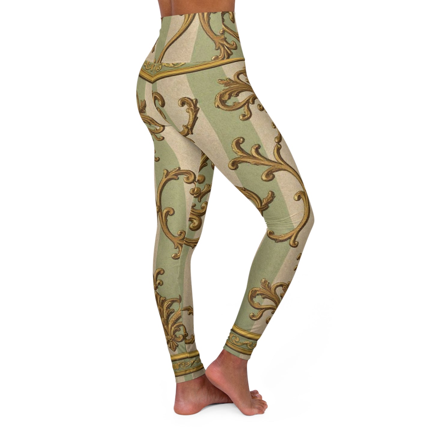 Elegant High Waisted Yoga Leggings - Stylish Activewear for Fitness, Yoga, and Leisure - Mint & Beige Striped Gold Baroque