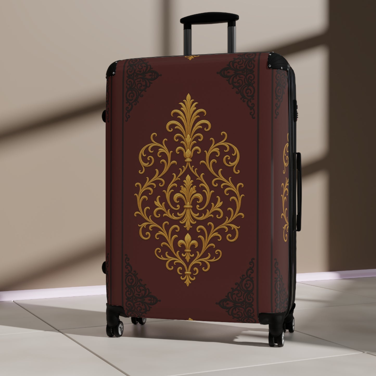 Dusk Burgundy-Black & Gold Baroque Vintage Carry-On Suitcase — Ornate Gold Baroque Travel Luggage