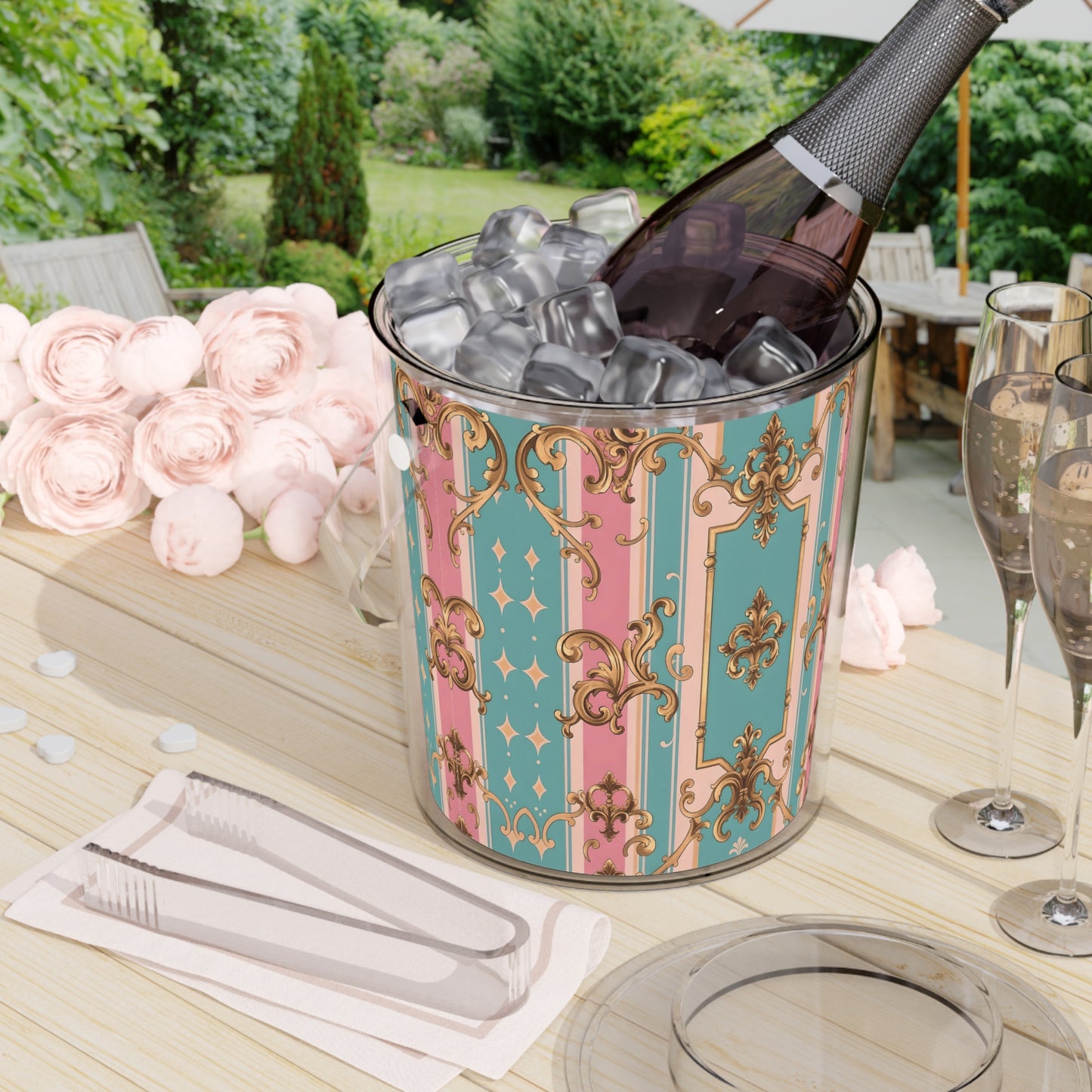 Chic Decorative Ice Bucket with Tongs, Elegant Party Cooler, Summer Beverage Chiller - Pink & Matte Turquoise Striped Rococo